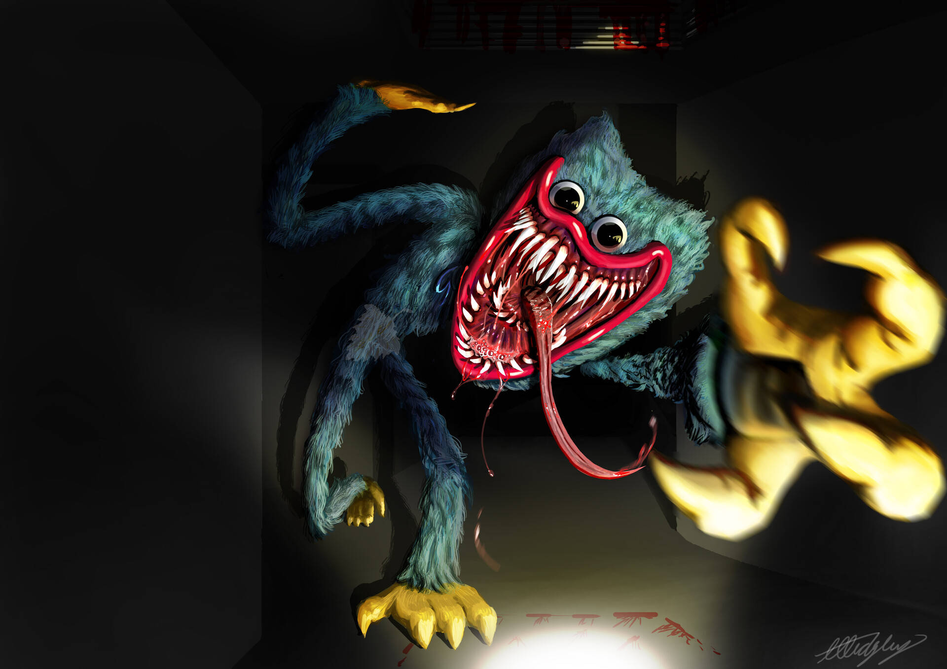 Huggy Wuggy, long tongue, blue furry monster, Full HD Desktop Wallpaper
