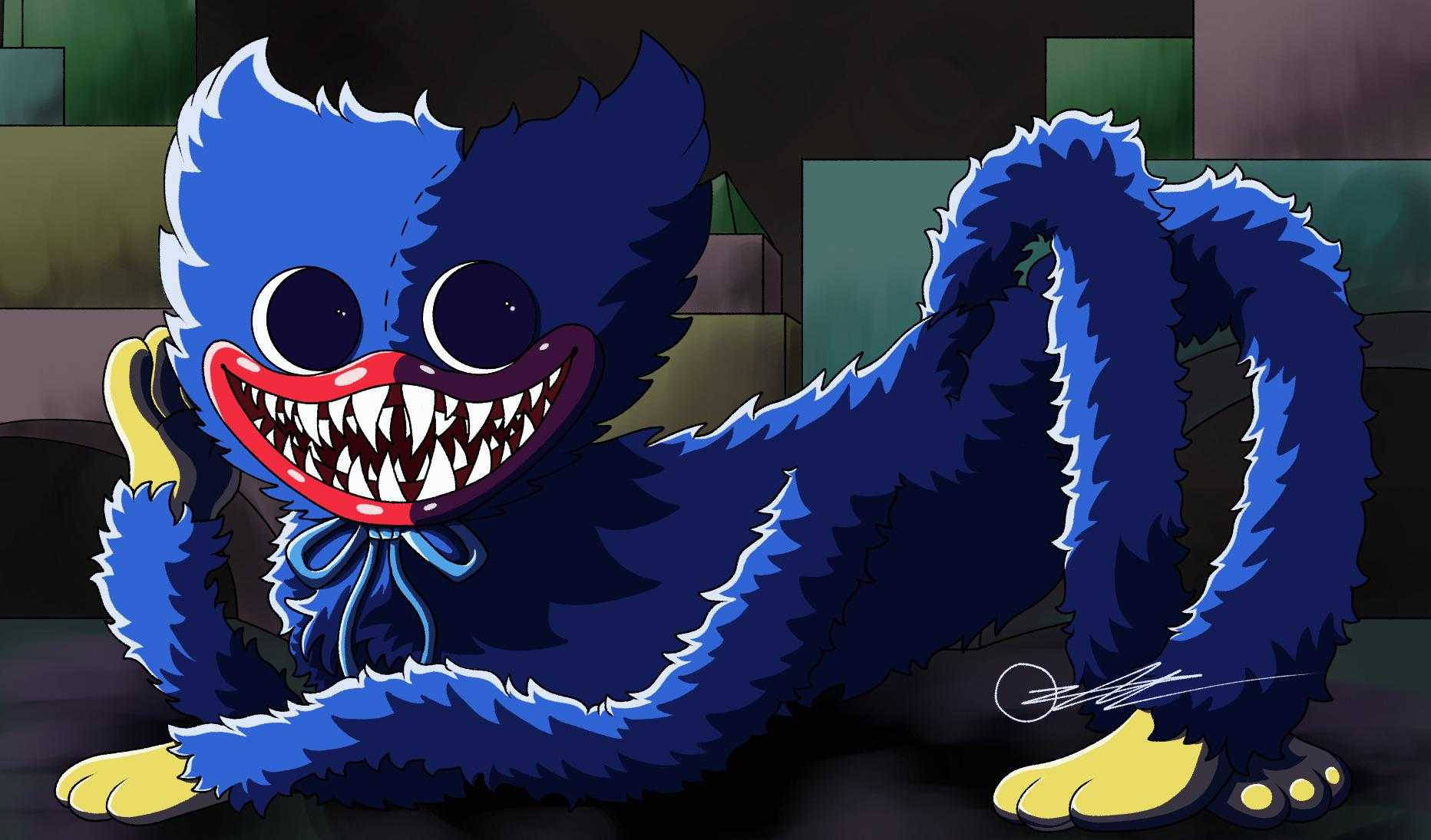 Huggy Wuggy, blue furry monster, wide toothy grin, HD Desktop Wallpaper