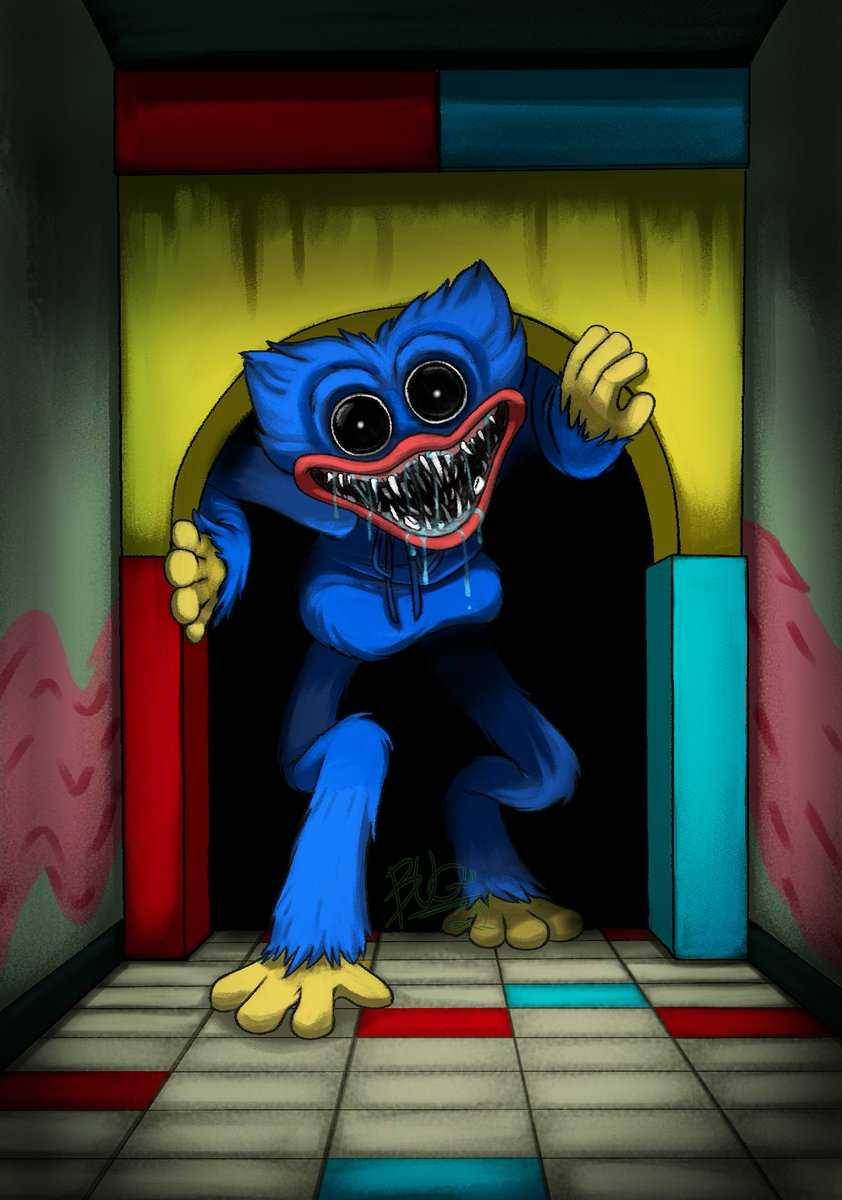 Huggy Wuggy, blue furry monster, sharp teeth, SD Phone Wallpaper