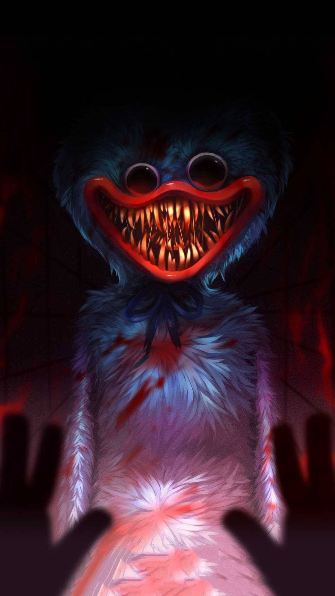 Huggy Wuggy, blue furry creature, wide red mouth, Full HD Phone Wallpaper