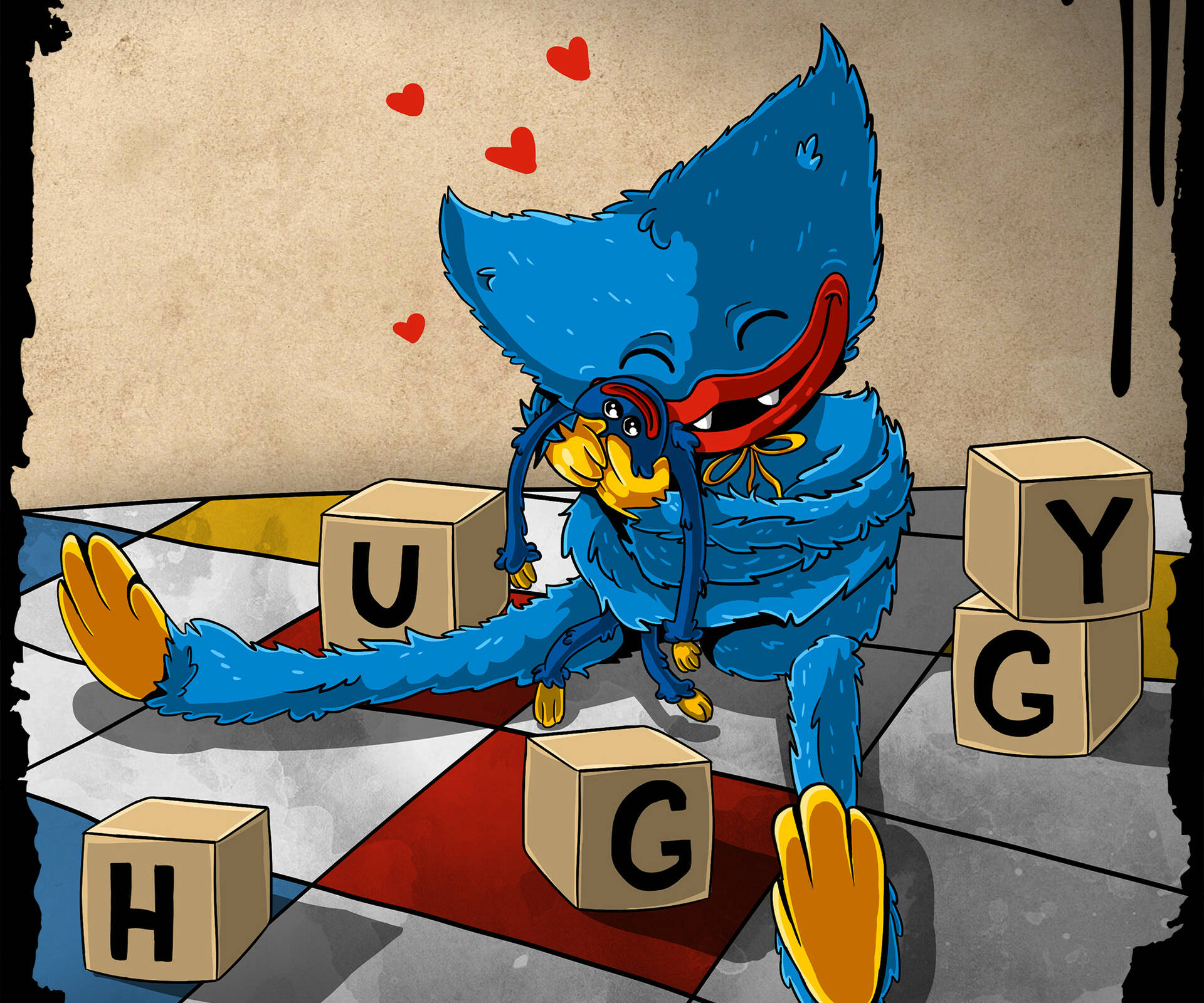 Huggy Wuggy, mini doll, blue cartoon bird, Full HD Desktop Wallpaper