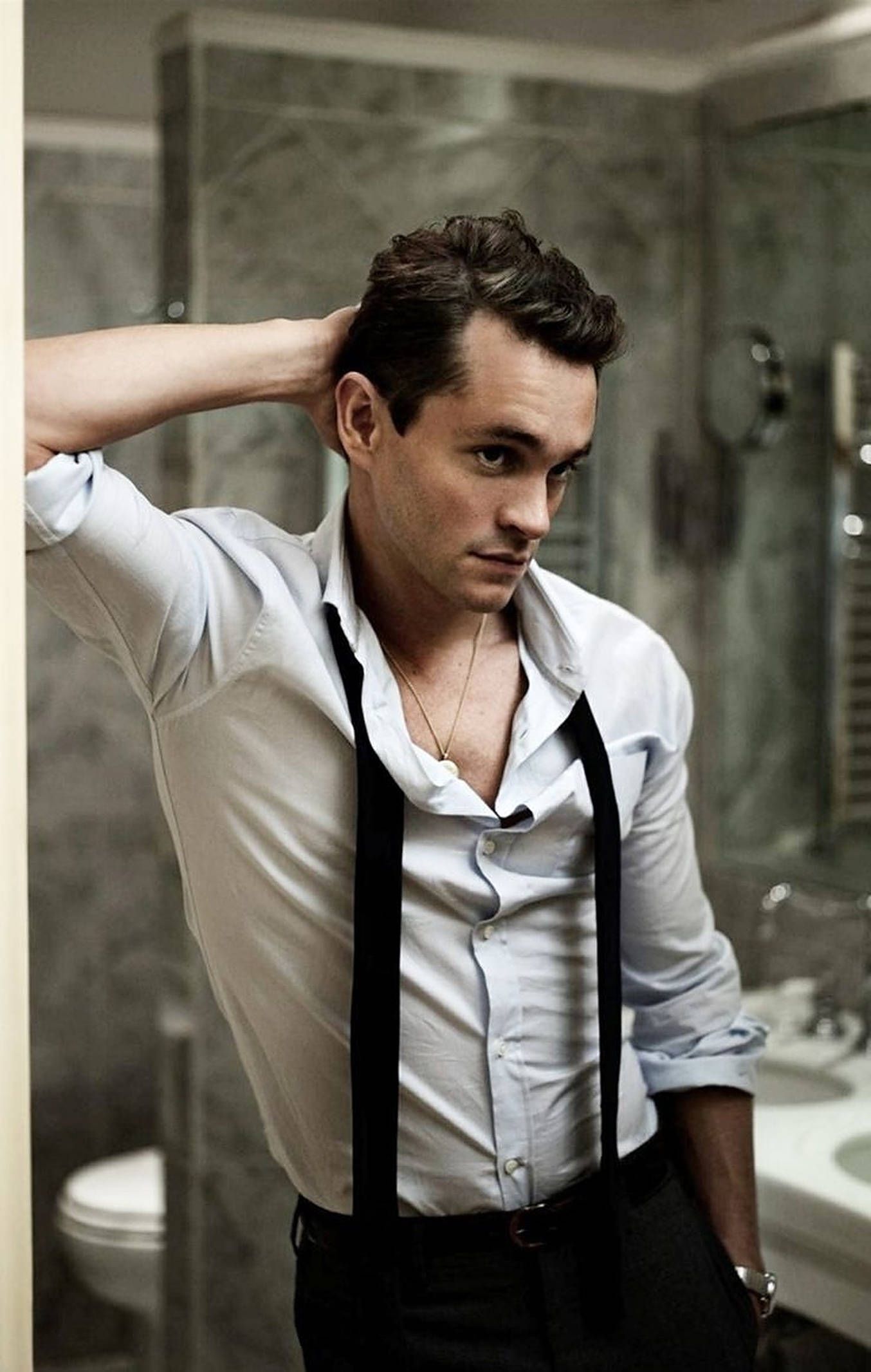Hugh Dancy, white shirt, black suspenders, Full HD Phone Wallpaper