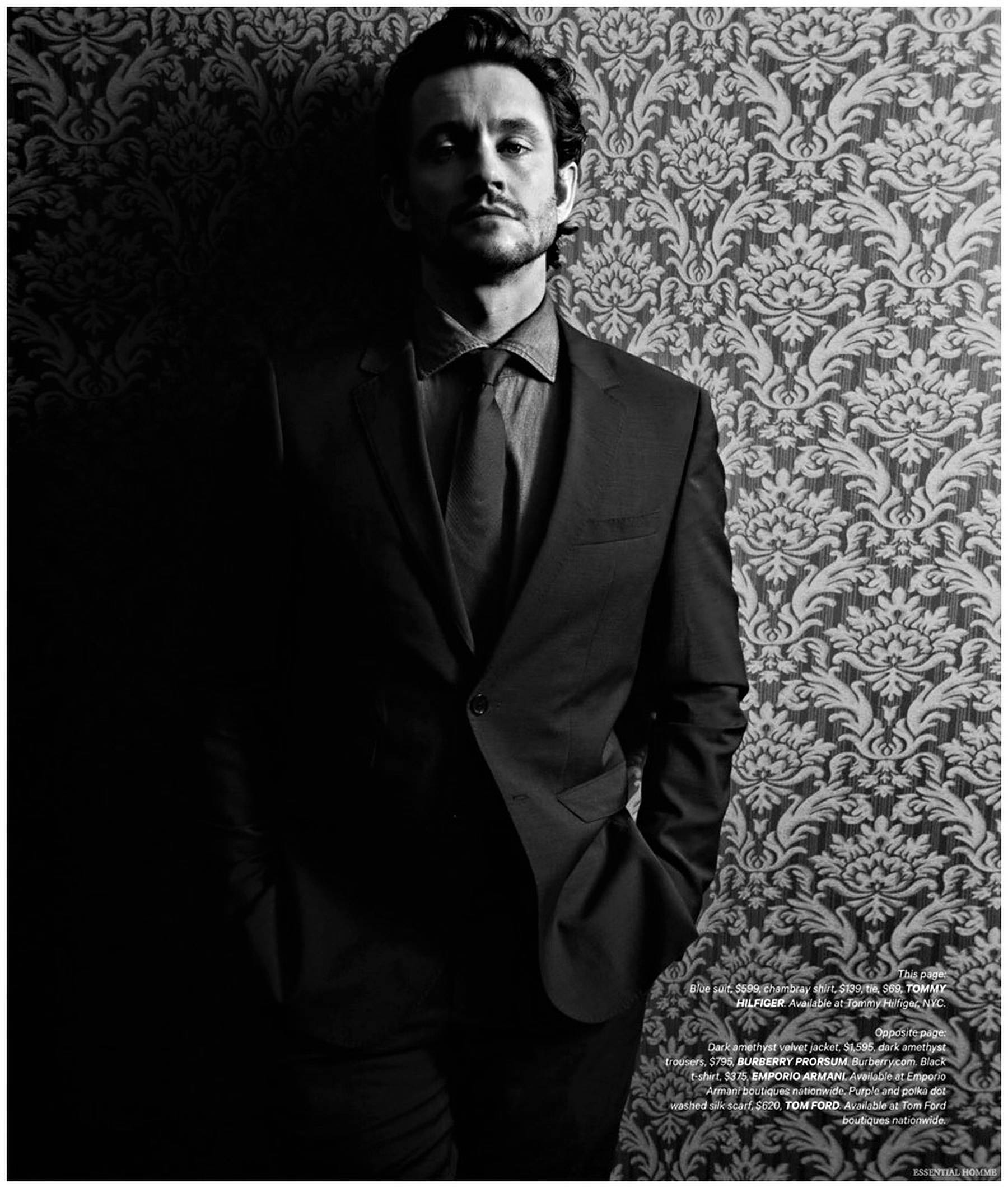 Hugh Dancy, damask wallpaper, black and white portrait, Full HD Phone Wallpaper