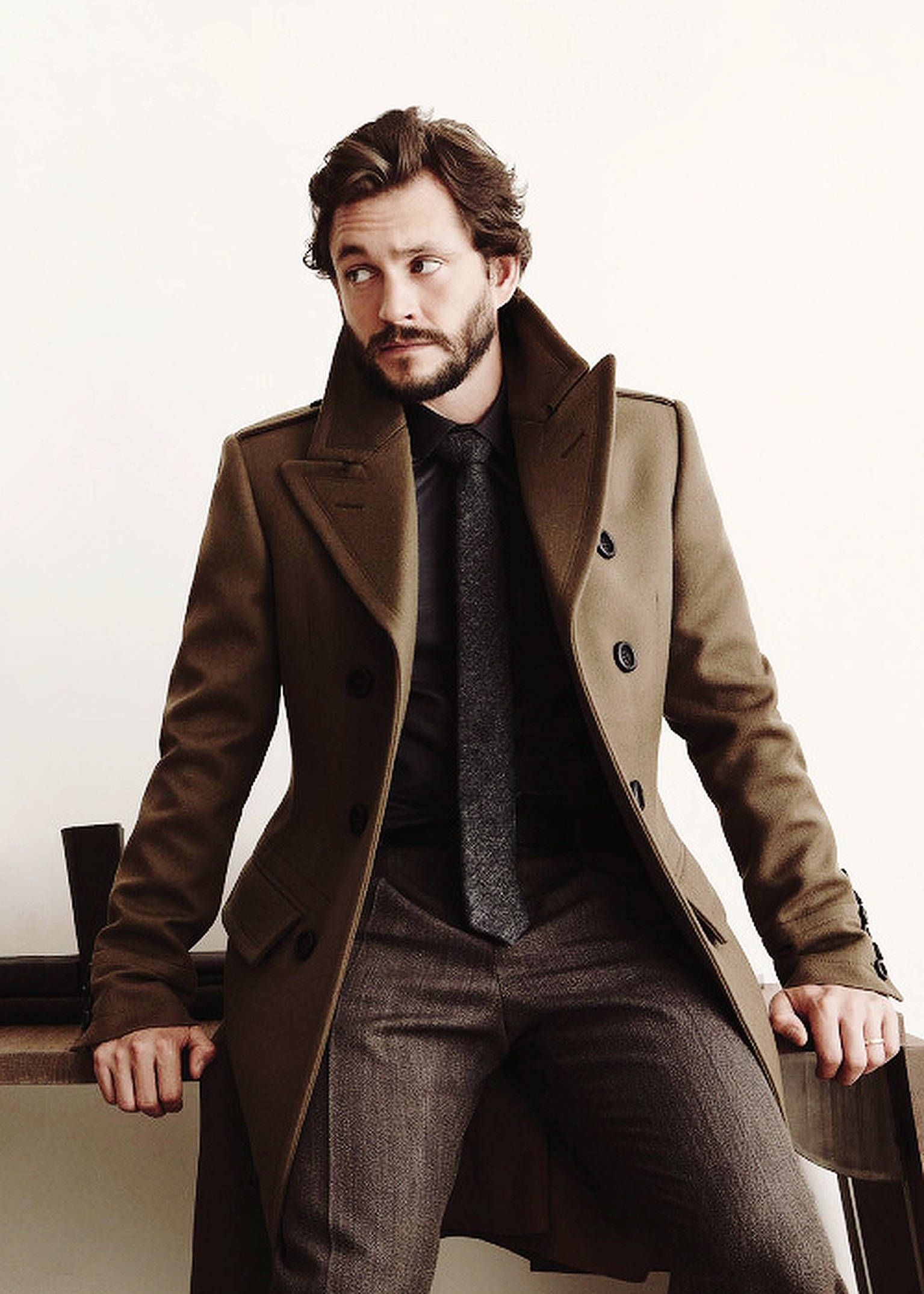 Hugh Dancy, brown coat, wooden bench, Full HD Phone Wallpaper
