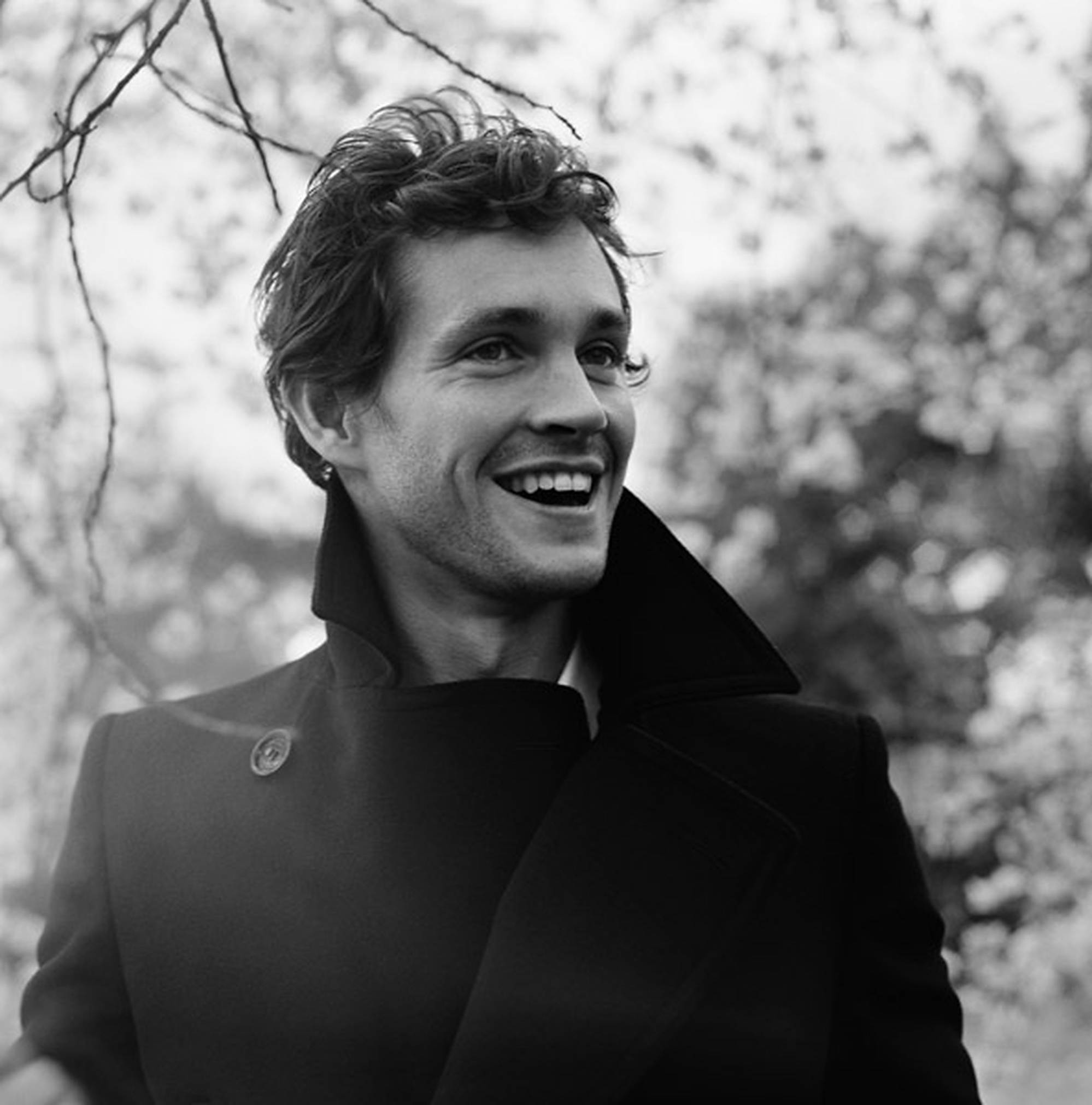 Hugh Dancy, black and white portrait, dark coat, Full HD Phone Wallpaper