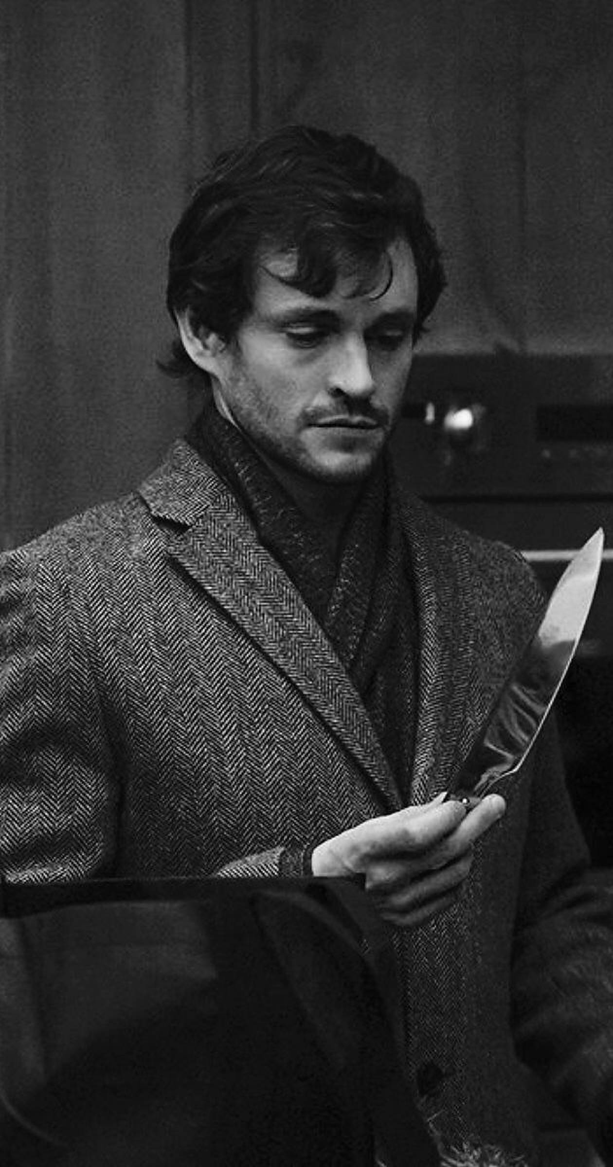 Hugh Dancy, grayscale photography, textured coat, Full HD Phone Wallpaper