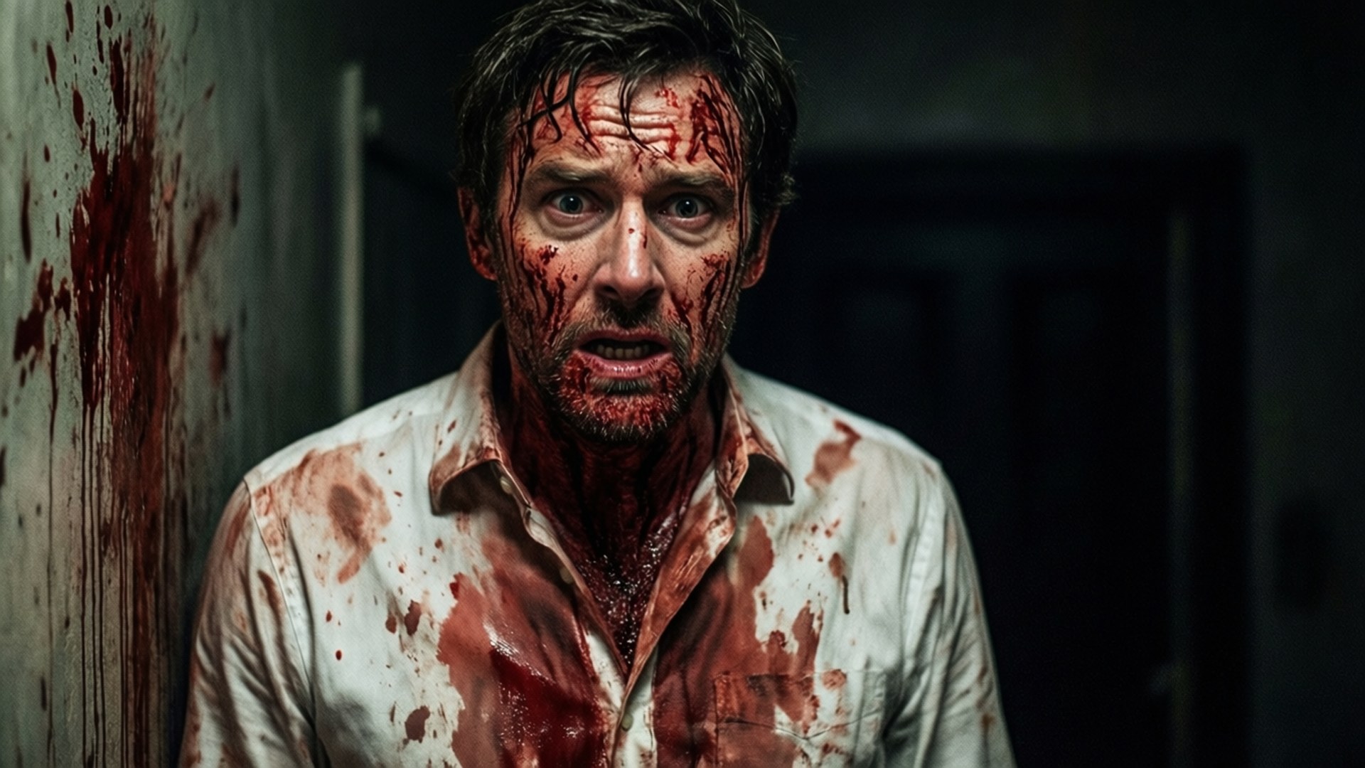 Hugh Dancy, bloodied face, crimson splatters, Full HD Desktop Wallpaper