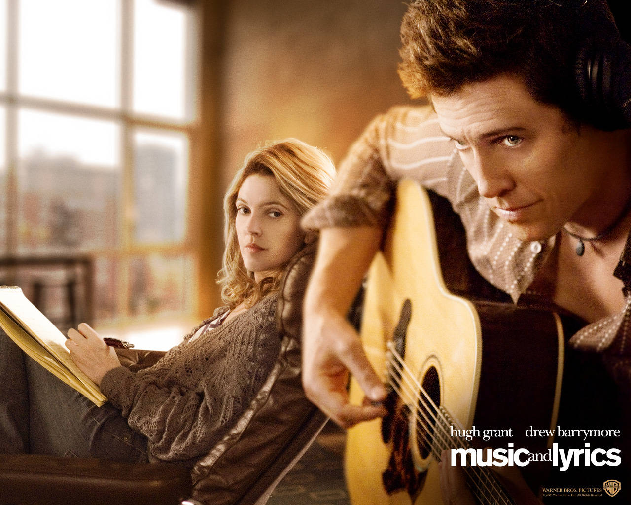 Hugh Grant, headphones, guitar, HD Desktop Wallpaper