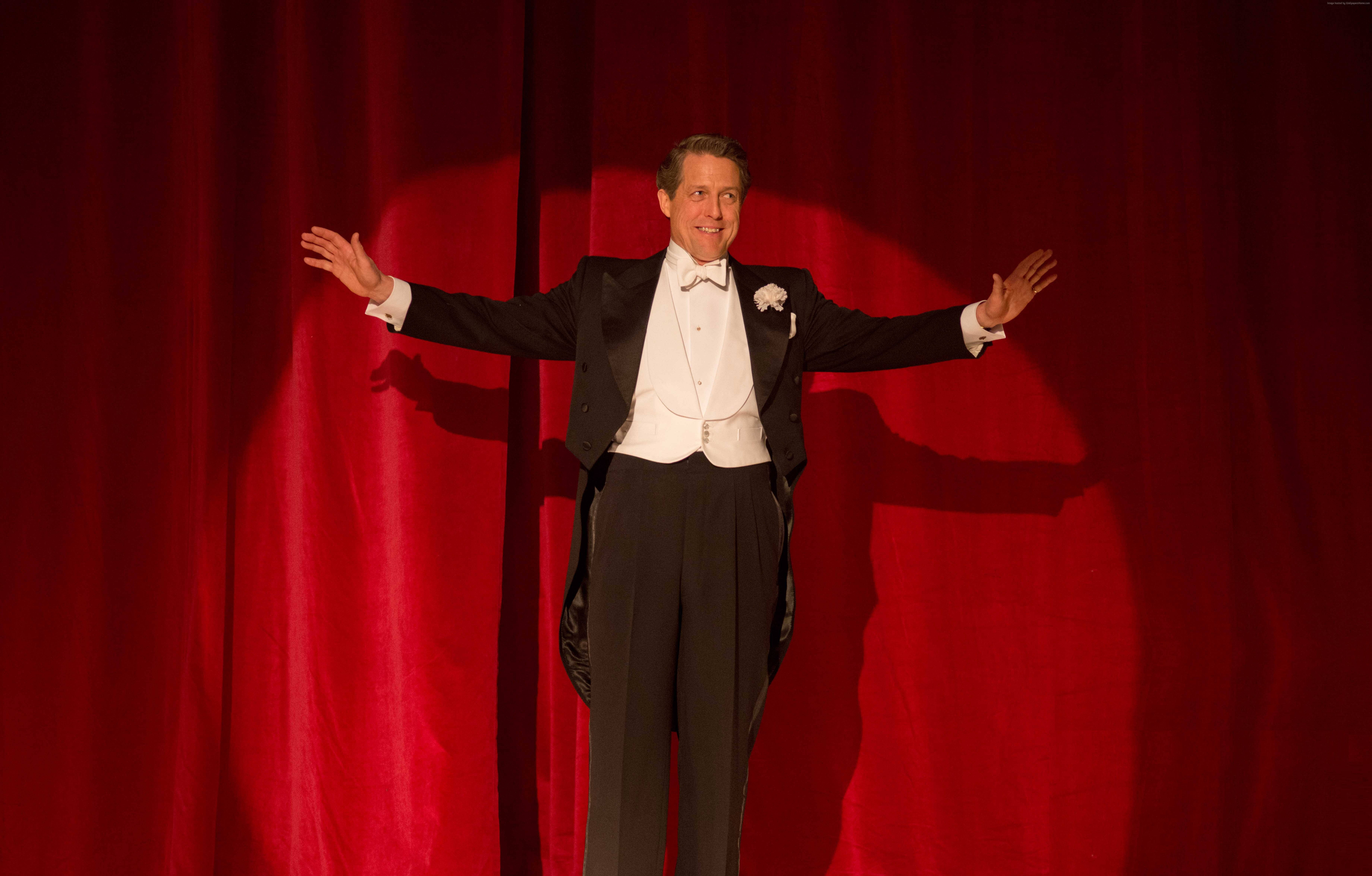 Hugh Grant, red curtains, tuxedo, 5K Desktop Wallpaper