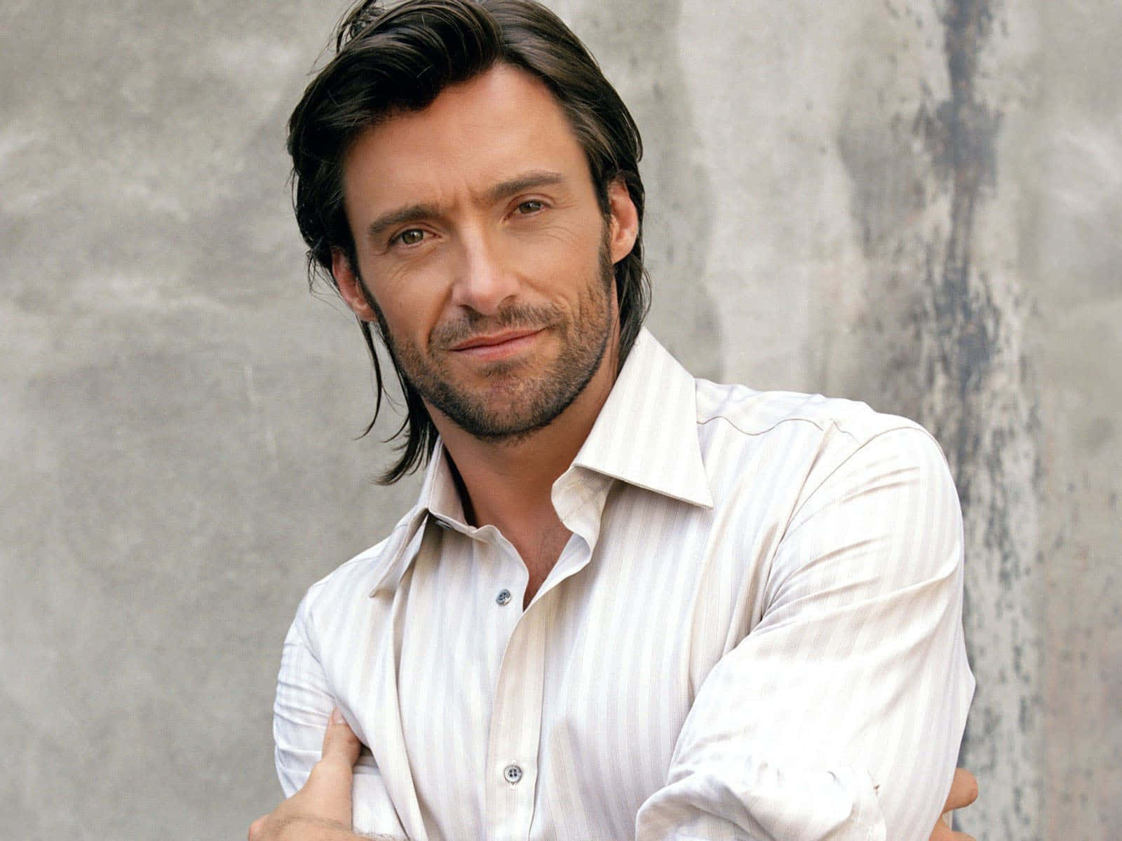 Hugh Jackman, white striped shirt, textured gray wall, HD Desktop Wallpaper