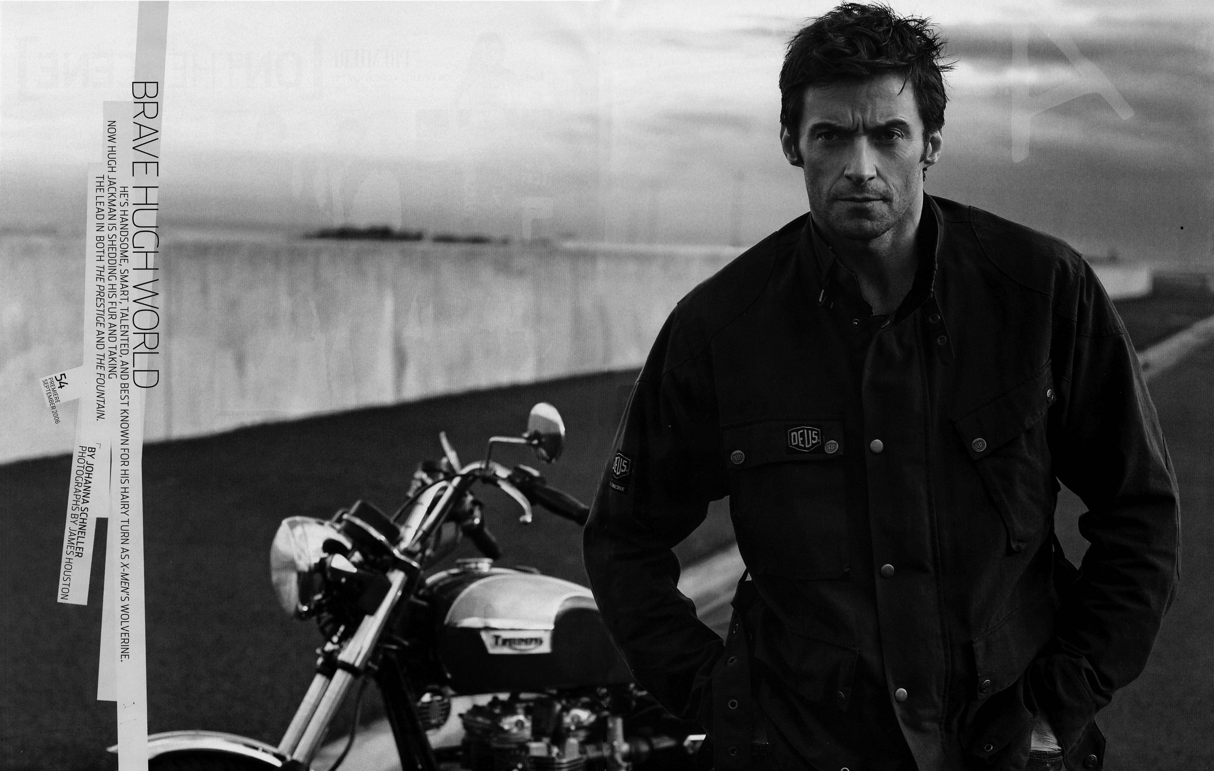 Hugh Jackman, motorcycle, concrete barrier, 4K Desktop Wallpaper
