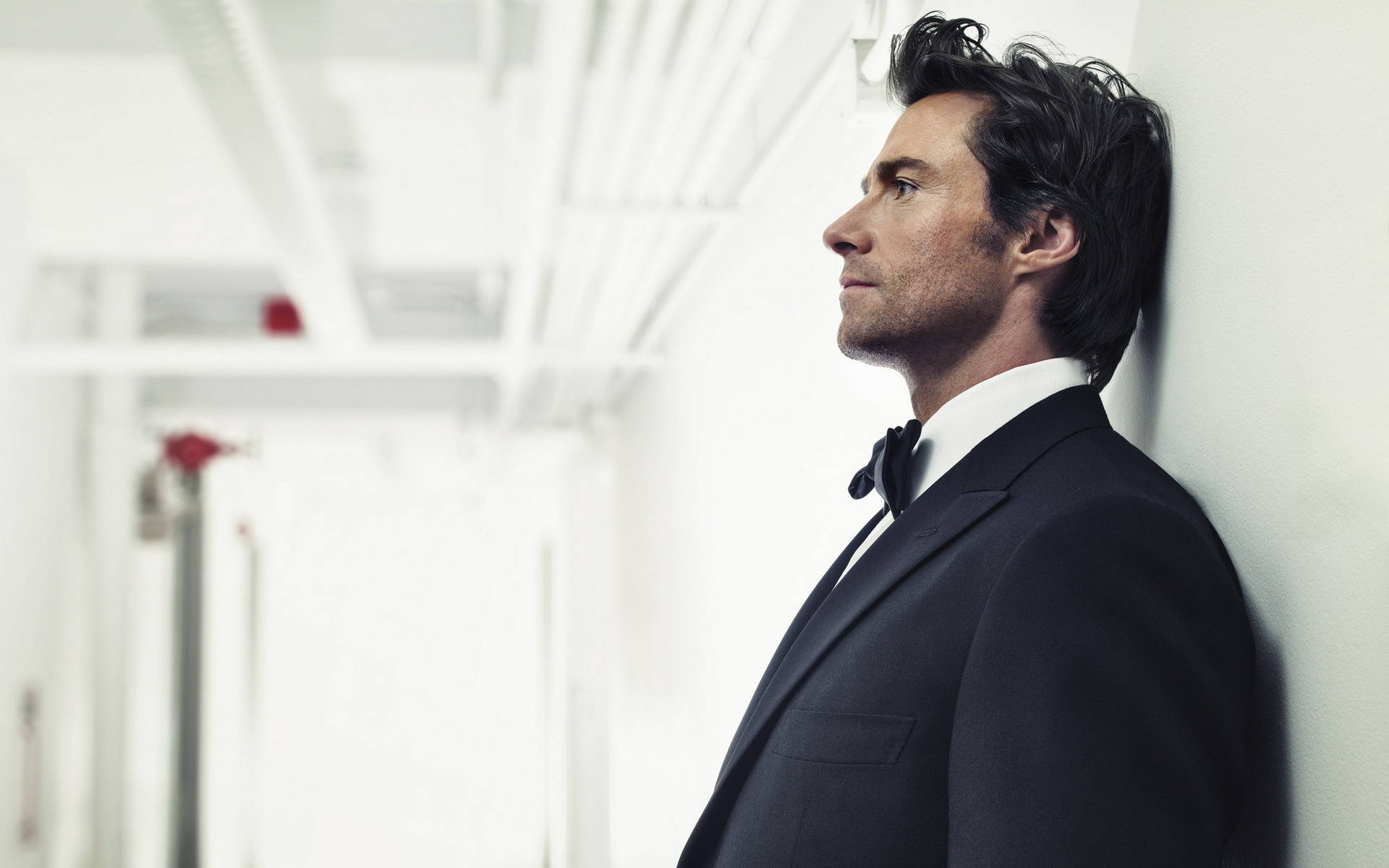 black suit, bow tie, white wall, Full HD Desktop Wallpaper