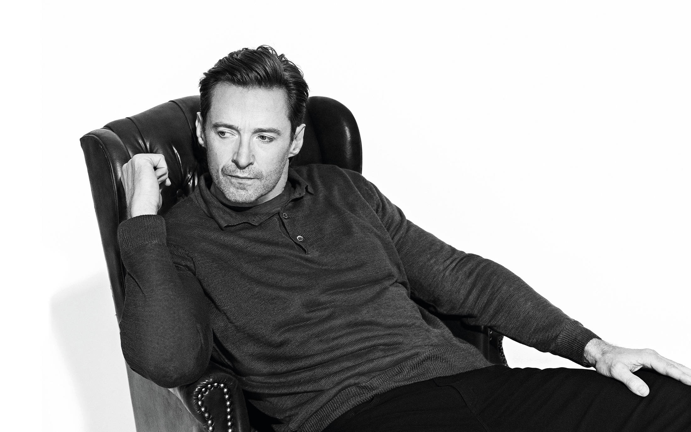 Hugh Jackman, leather armchair, stark white background, Full HD Desktop Wallpaper