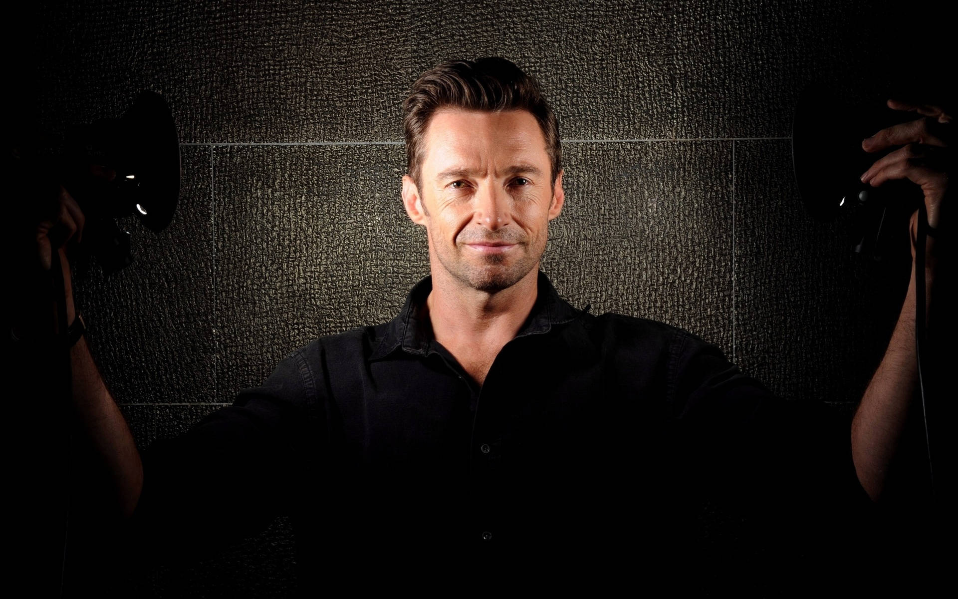Hugh Jackman, black shirt, dark textured wall, Full HD Desktop Wallpaper