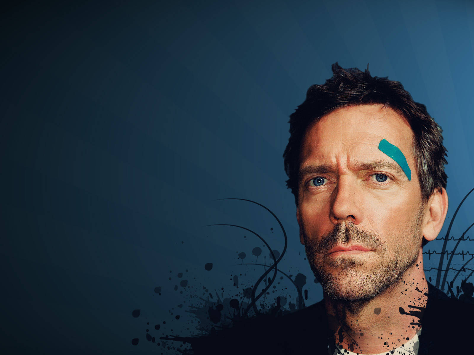 Hugh Laurie, teal medical tape, dark blue textured background, HD Desktop Wallpaper