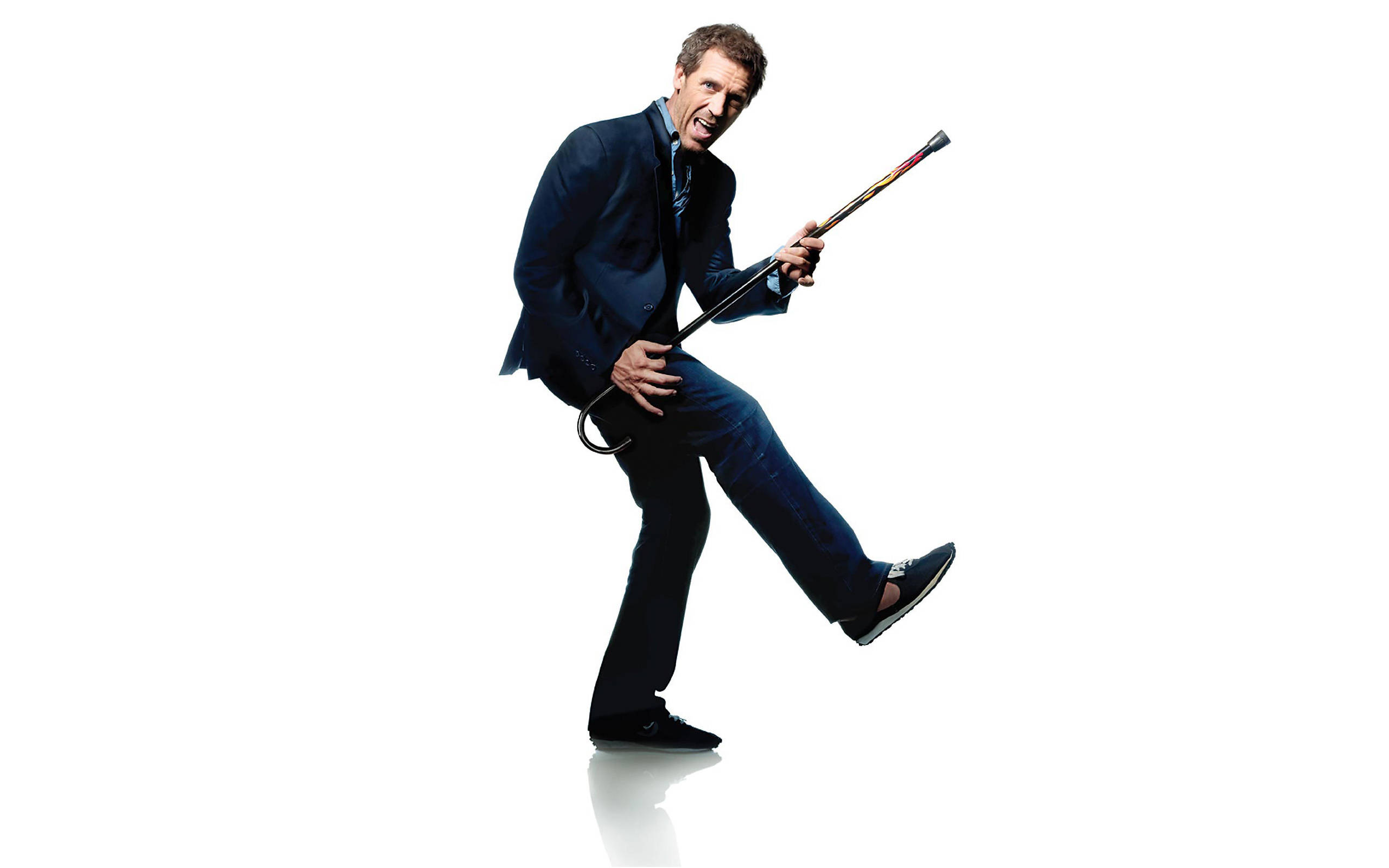 Hugh Laurie, walking stick, dark suit, 2K Desktop Wallpaper