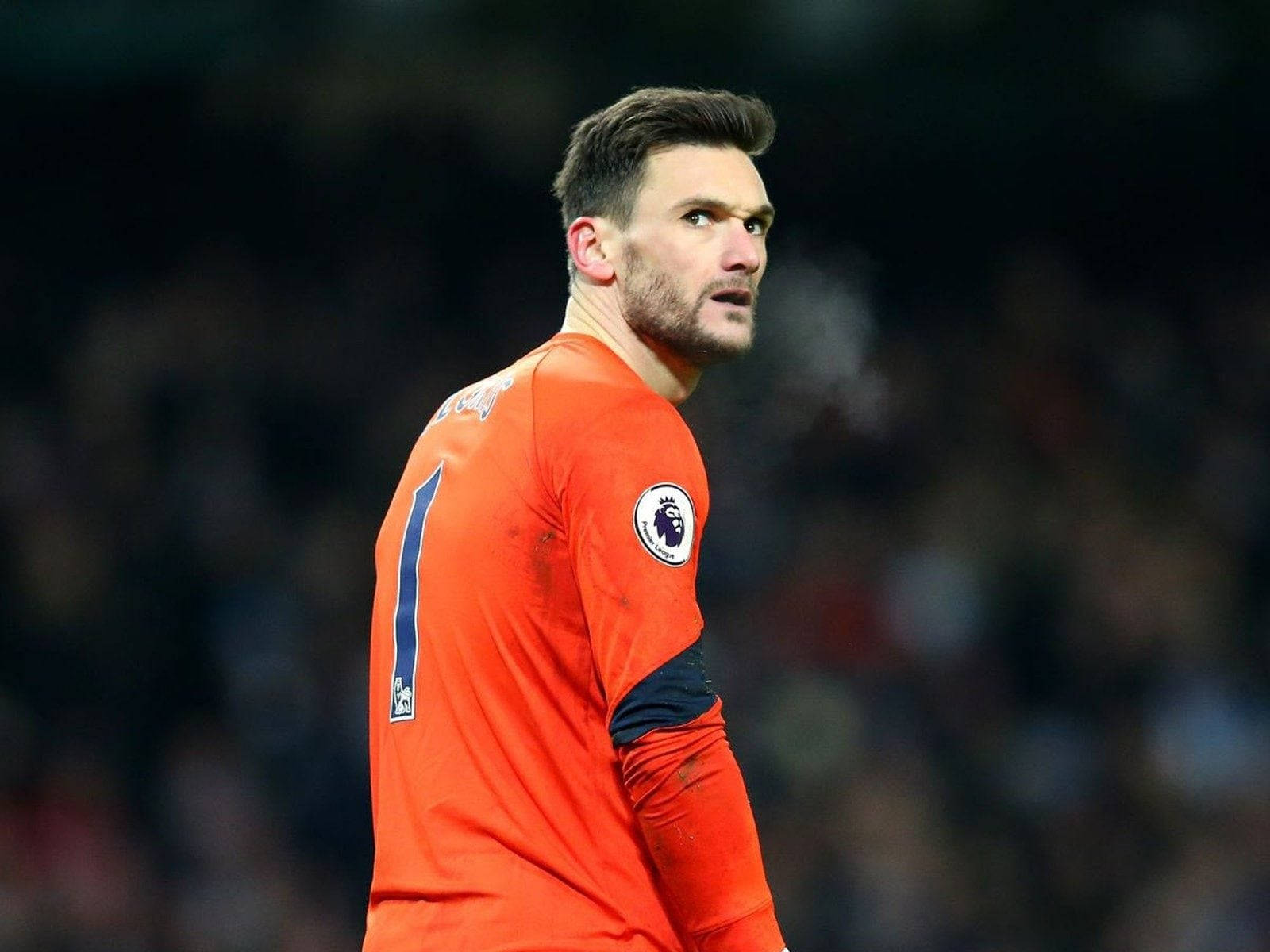 Hugo Lloris, orange jersey, dimly lit stadium field, HD Desktop Wallpaper