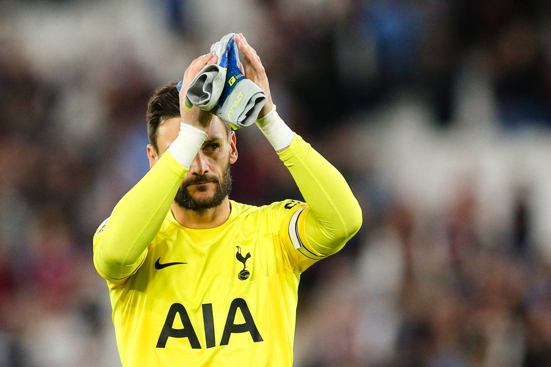 Hugo Lloris, bright yellow jersey, stadium crowd, Full HD Desktop Wallpaper