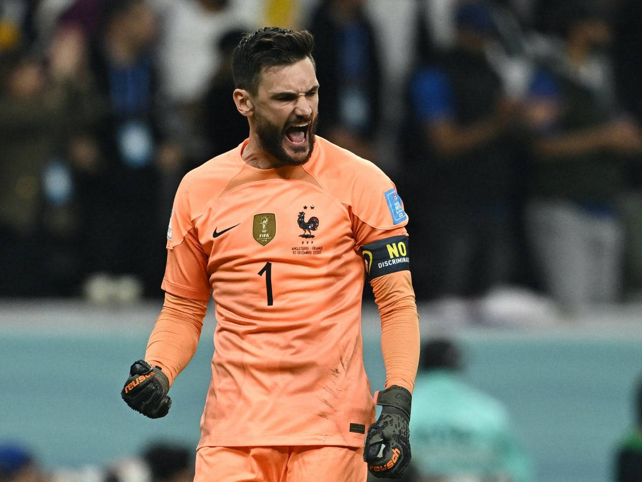 Hugo Lloris, orange jersey, nighttime soccer match, HD Desktop Wallpaper