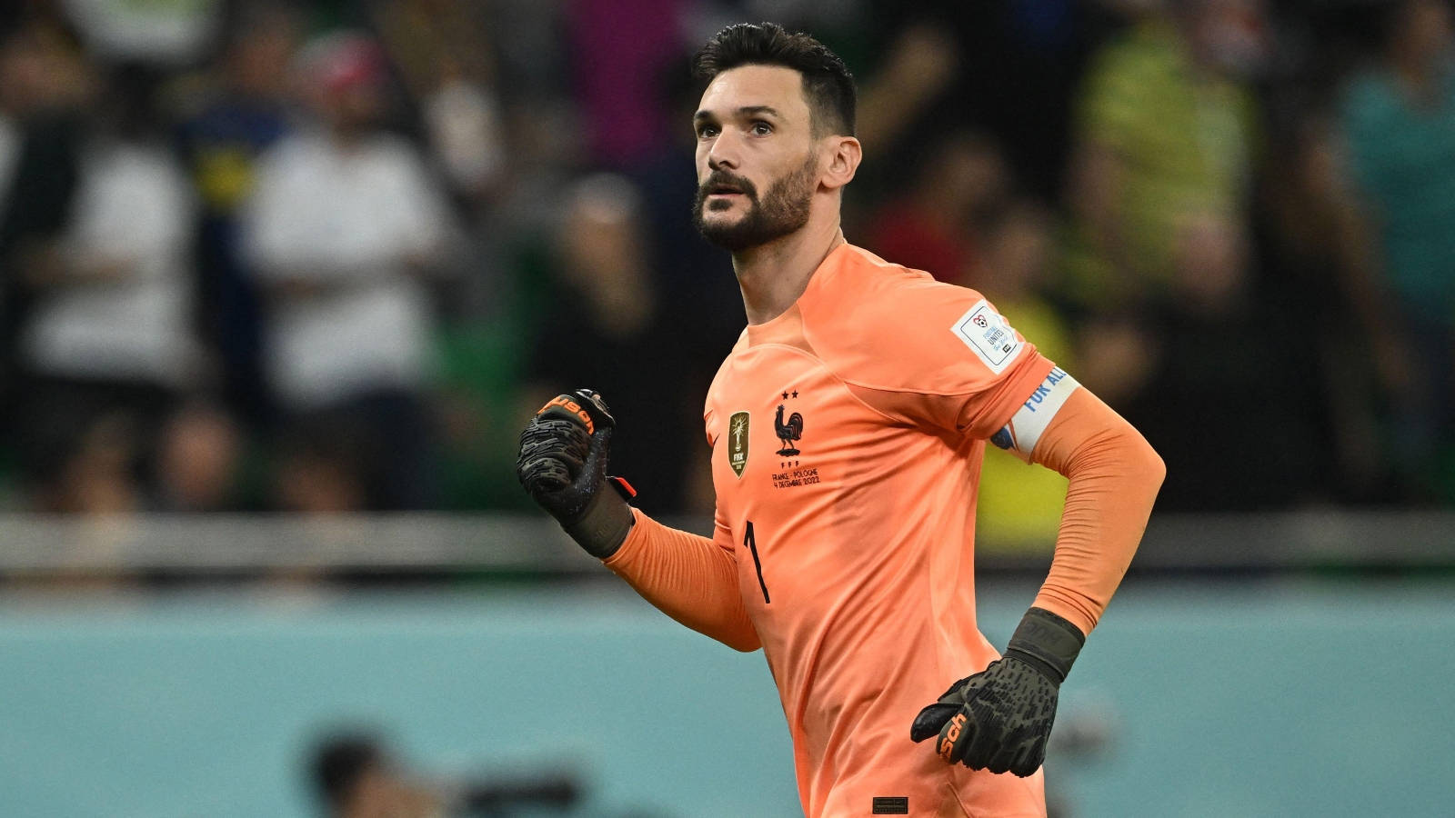 Hugo Lloris, orange jersey, stadium pitch, HD Desktop Wallpaper