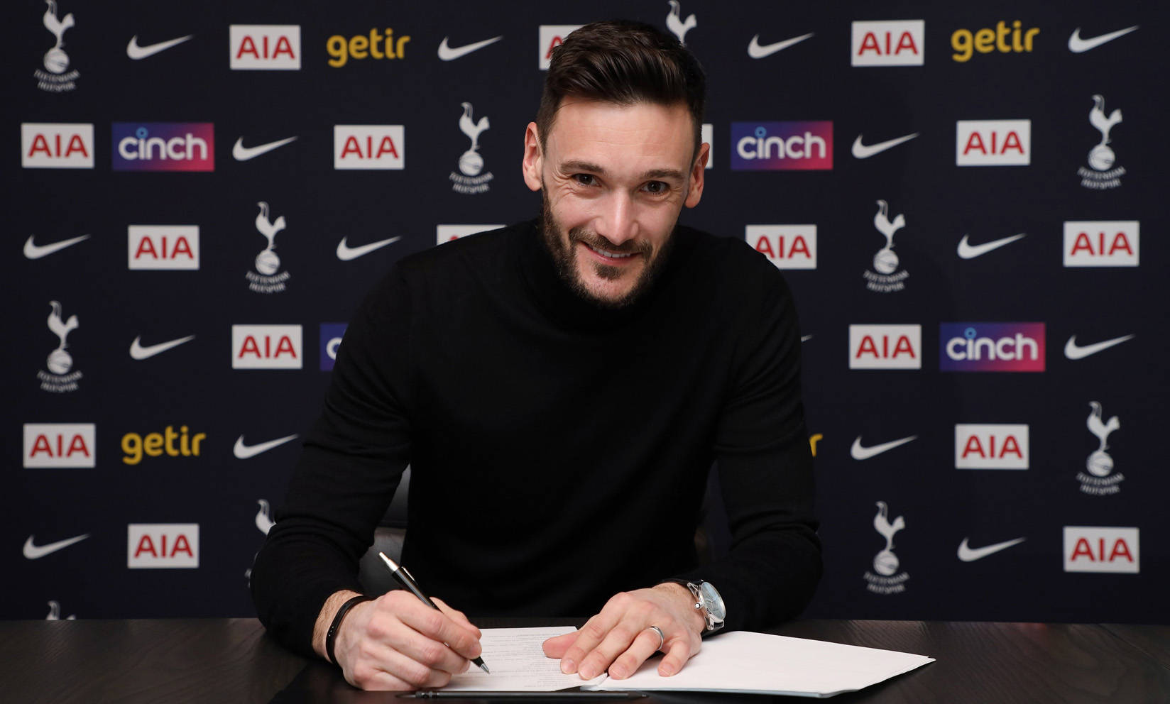 Hugo Lloris, black turtleneck, branded press table, HD Desktop Wallpaper