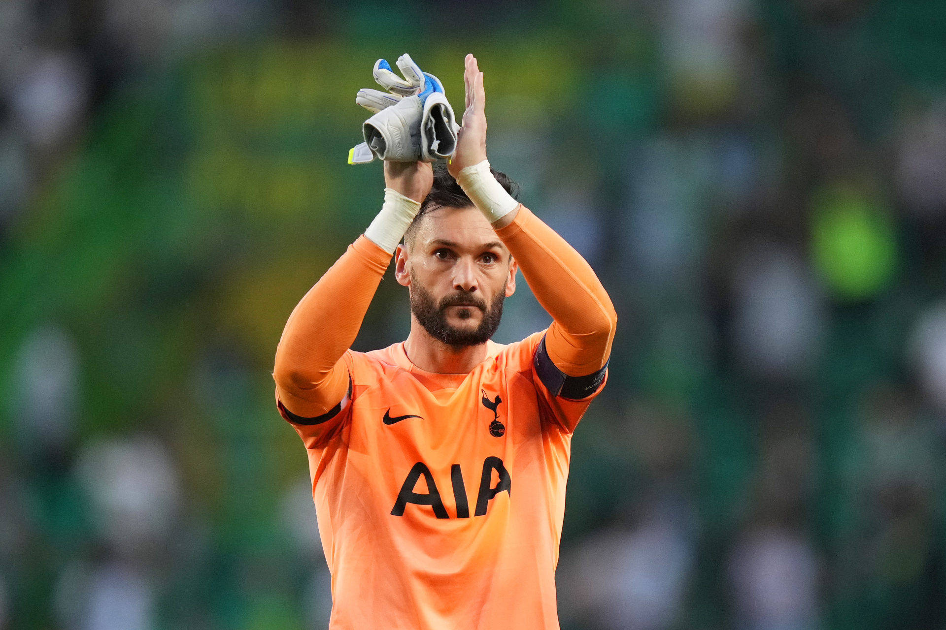 Hugo Lloris, orange jersey, gloved hands, Full HD Desktop Wallpaper