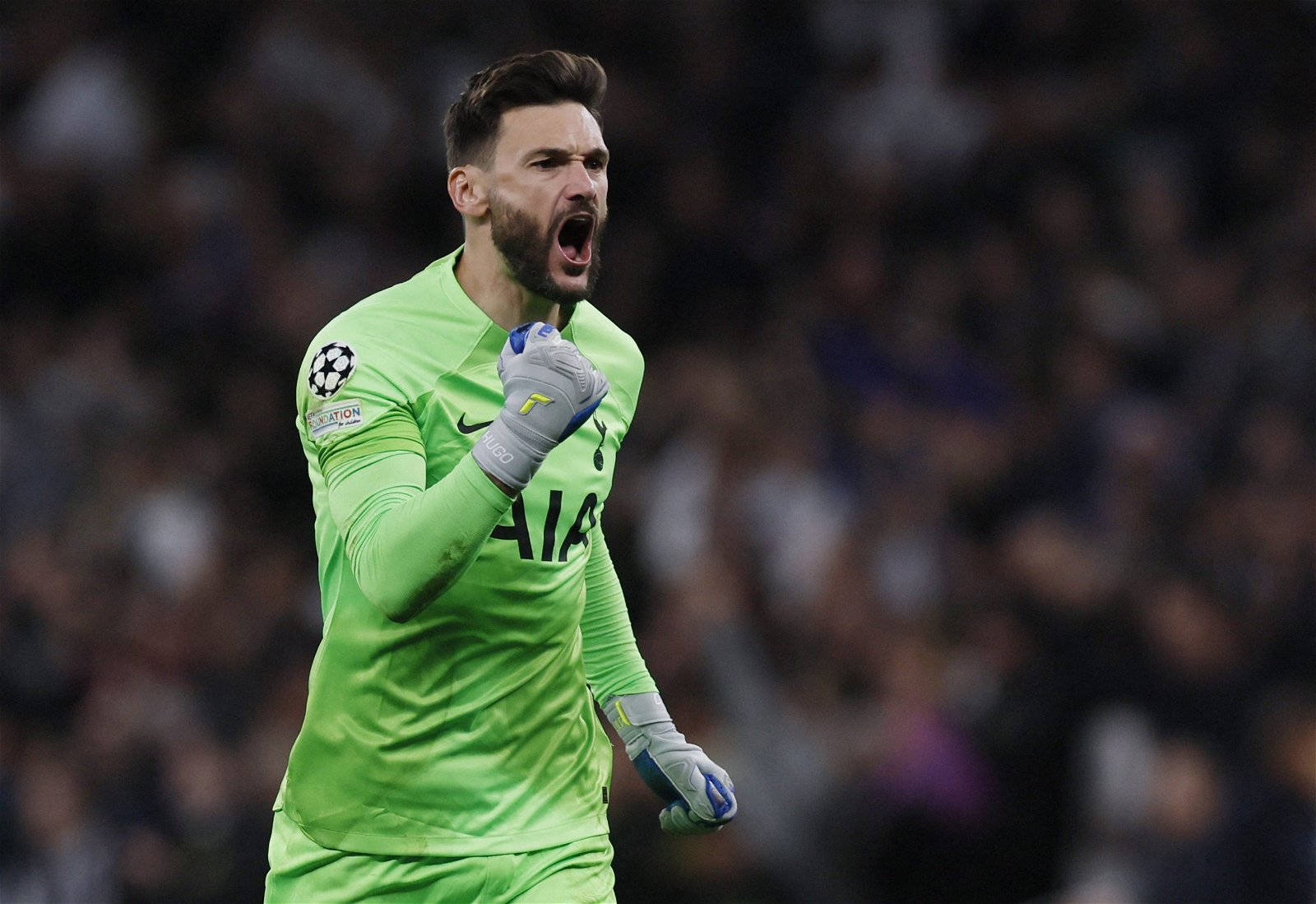 Hugo Lloris, bright green jersey, fist pump, HD Desktop Wallpaper