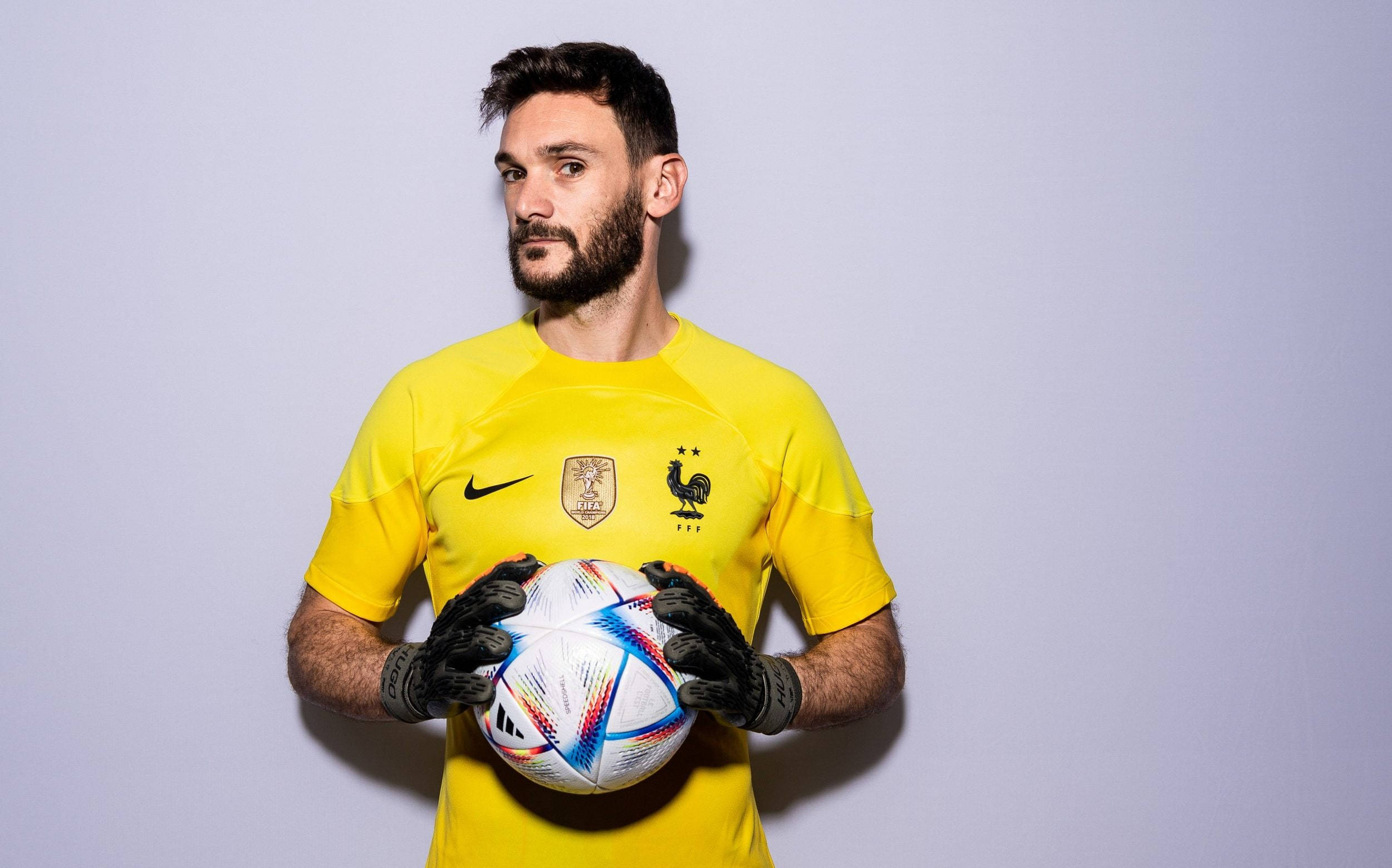 Hugo Lloris, bright yellow jersey, colorful match ball, Full HD Desktop Wallpaper