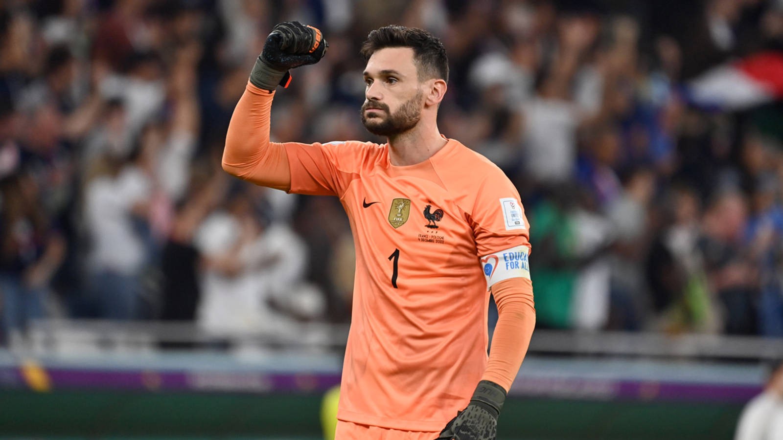 Hugo Lloris, orange jersey, packed stadium field, HD Desktop Wallpaper