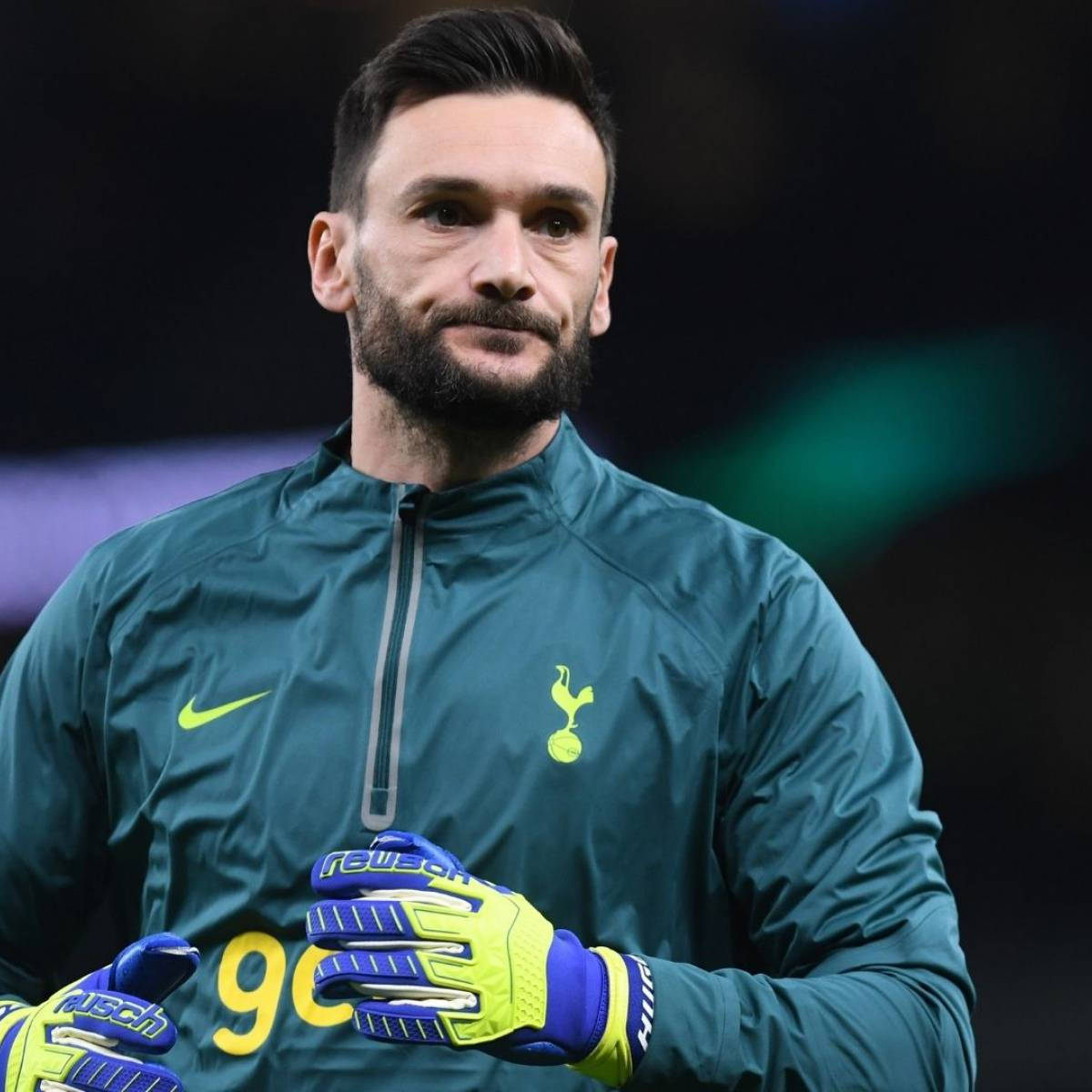 Hugo Lloris, teal training jacket, bright yellow blue gloves, SD Desktop Wallpaper