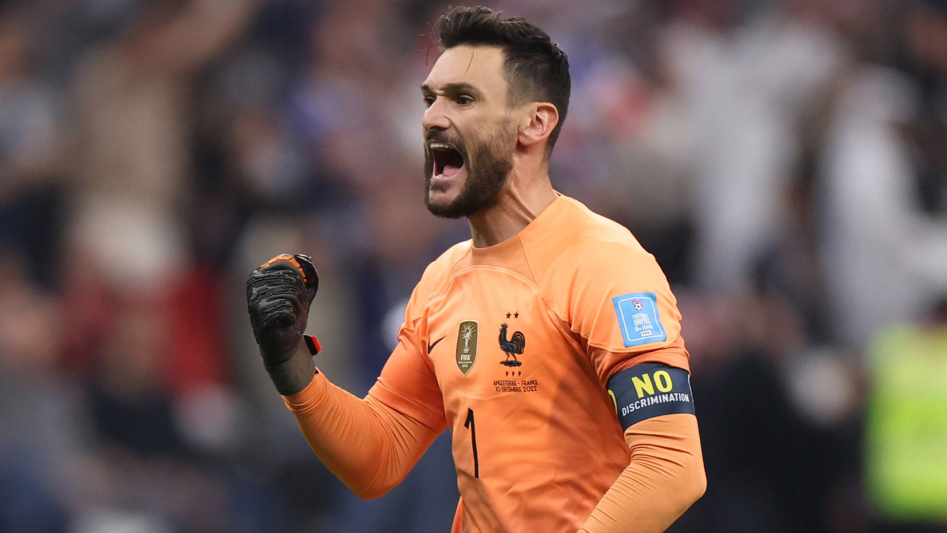 Hugo Lloris, orange jersey, roars triumphantly, Full HD Desktop Wallpaper