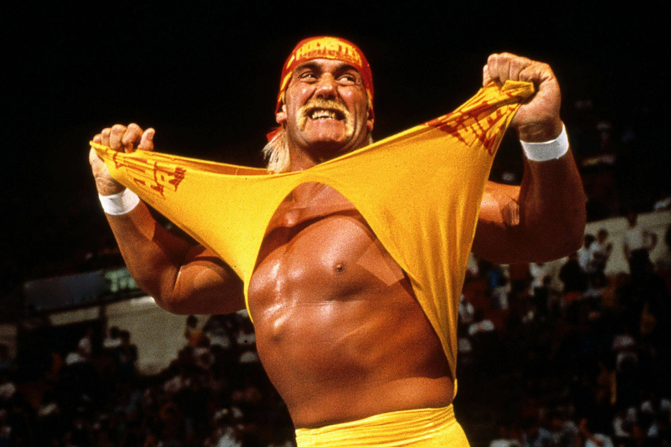 Hulk Hogan, yellow wrestling shirt, triumphant pose, Full HD Desktop Wallpaper