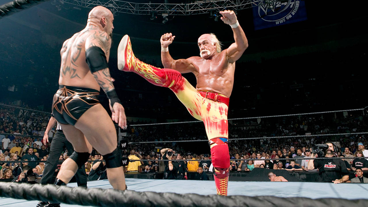 Hulk Hogan, wrestling ring, red and yellow flame-patterned tights, HD Desktop Wallpaper