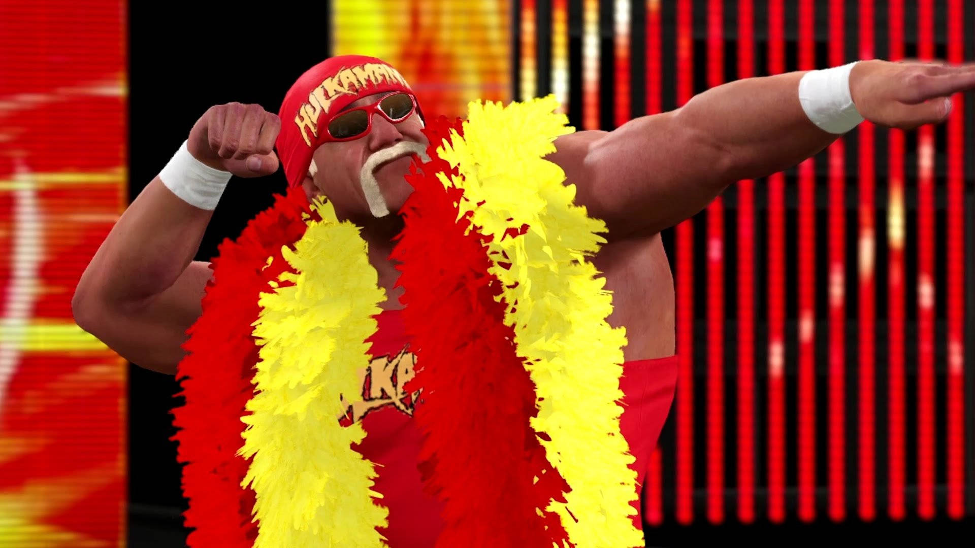 Hulk Hogan, red and yellow attire, vibrant red and yellow striped backdrop, Full HD Desktop Wallpaper