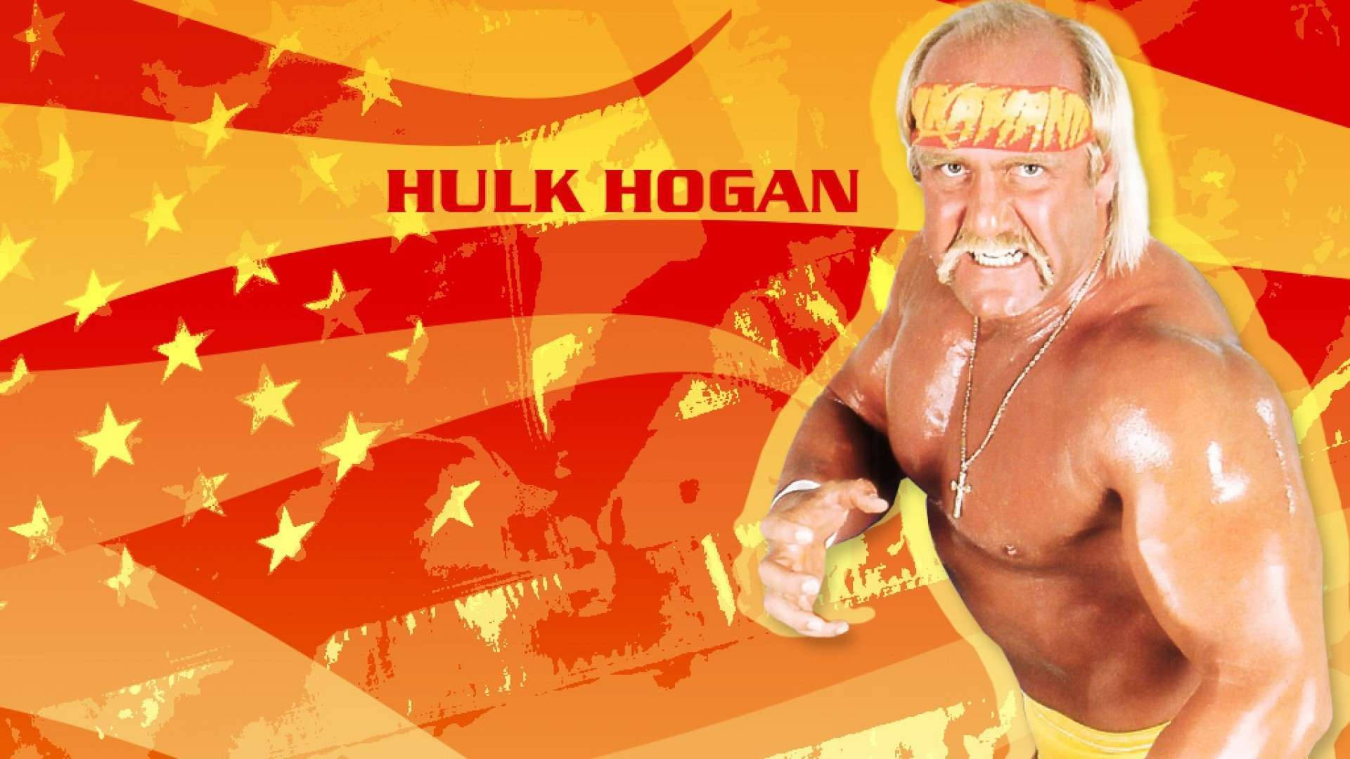 Hulk Hogan, yellow stars, fiery American flag, Full HD Desktop Wallpaper