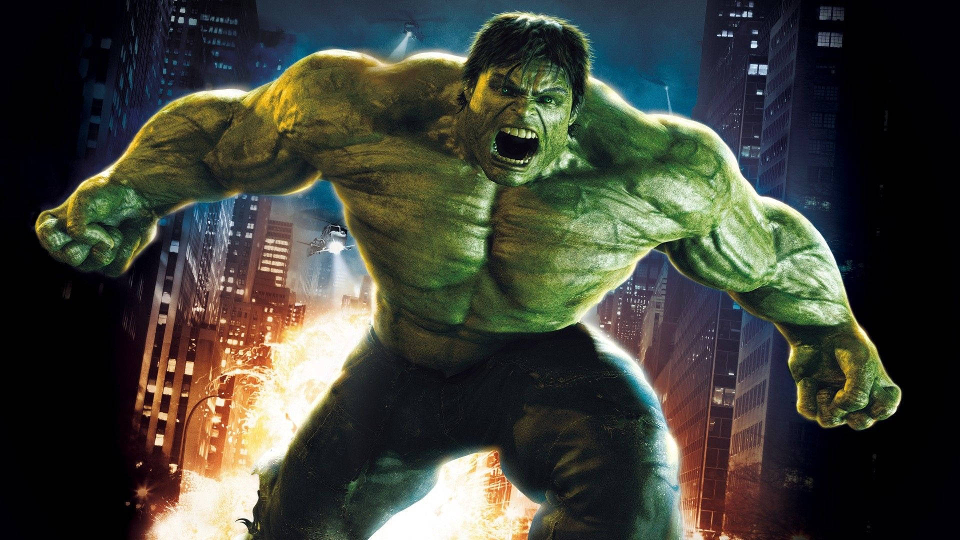 Hulk, burning cityscape, night, Full HD Desktop Wallpaper
