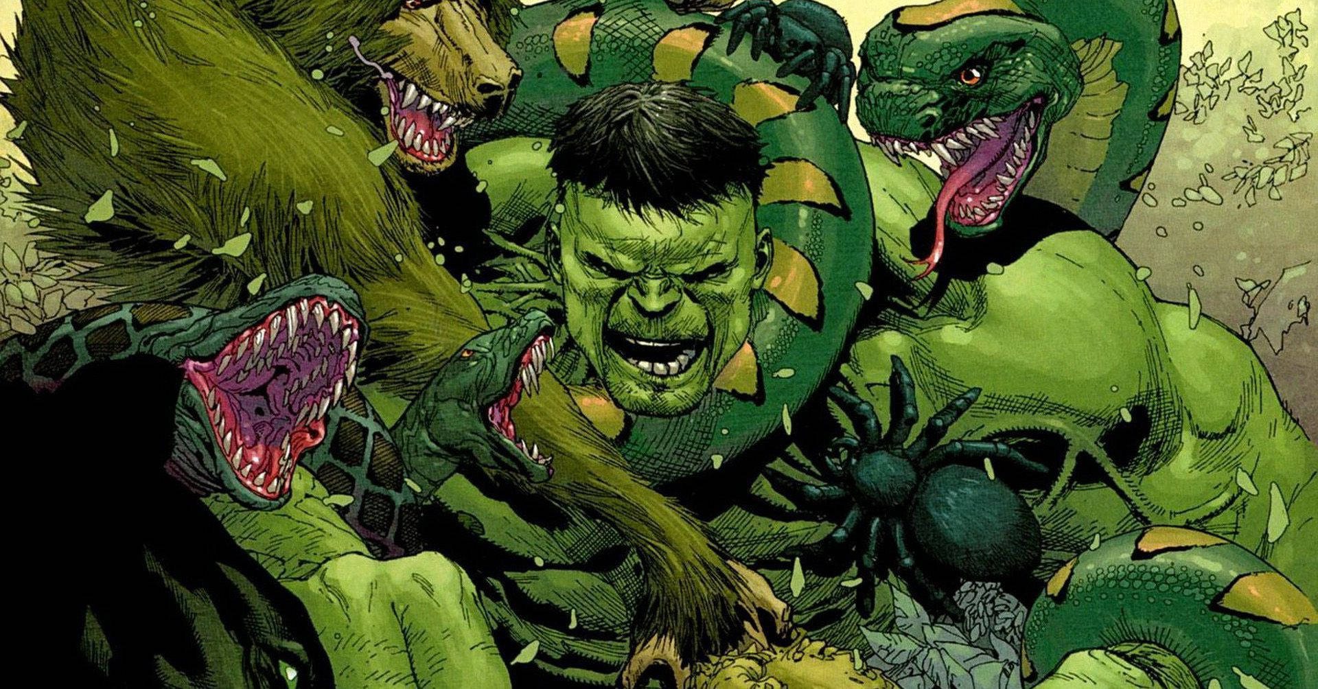 Hulk, monstrous green creatures, chaotic comic book battle scene, Full HD Desktop Wallpaper