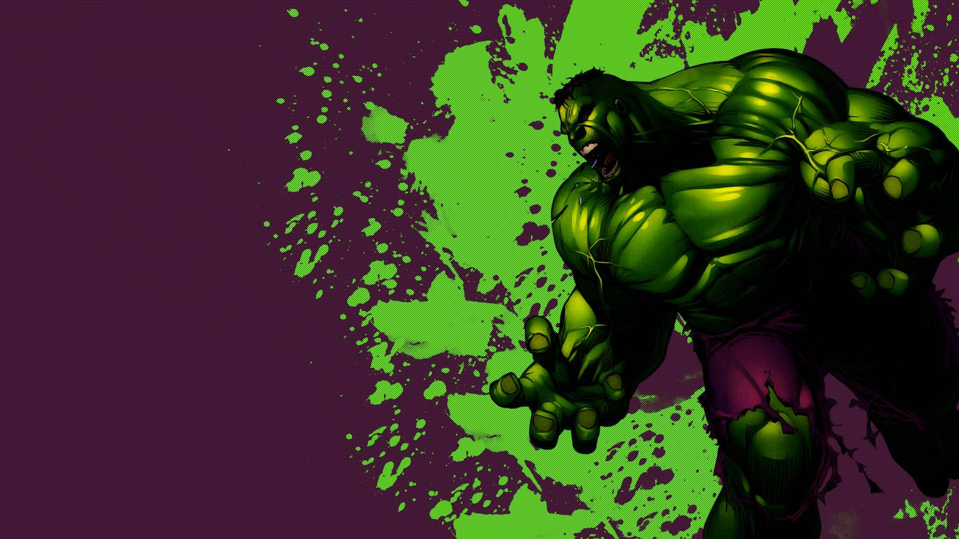 Hulk, purple background, vibrant green splatter, Full HD Desktop Wallpaper