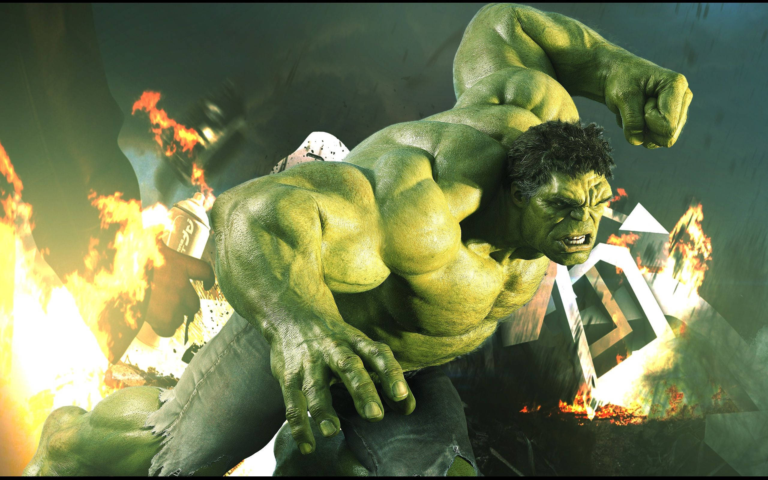 Hulk, fiery explosions, shattered debris, 2K Desktop Wallpaper