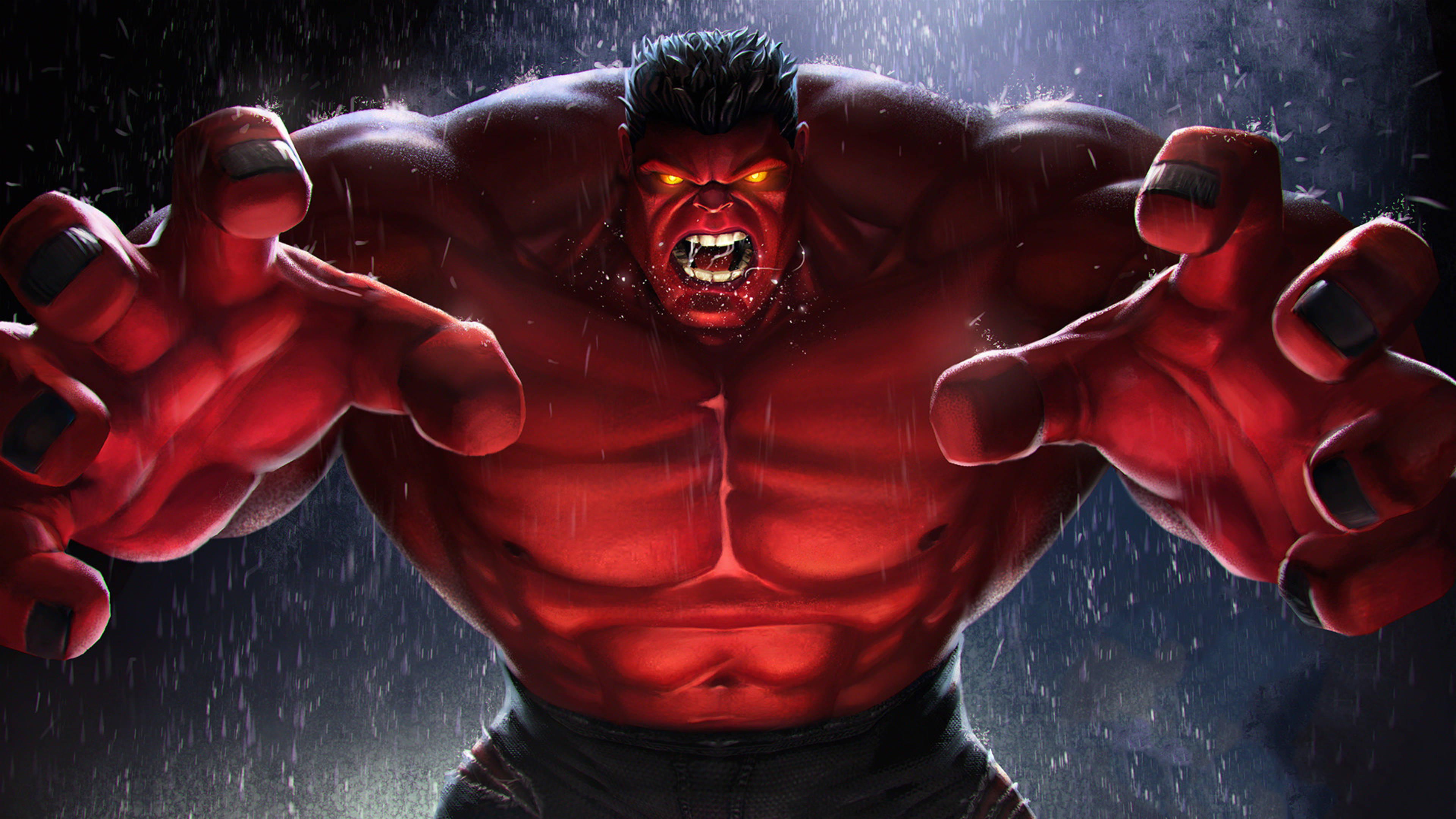 Red Hulk, glowing eyes, raindrops, 4K Desktop Wallpaper