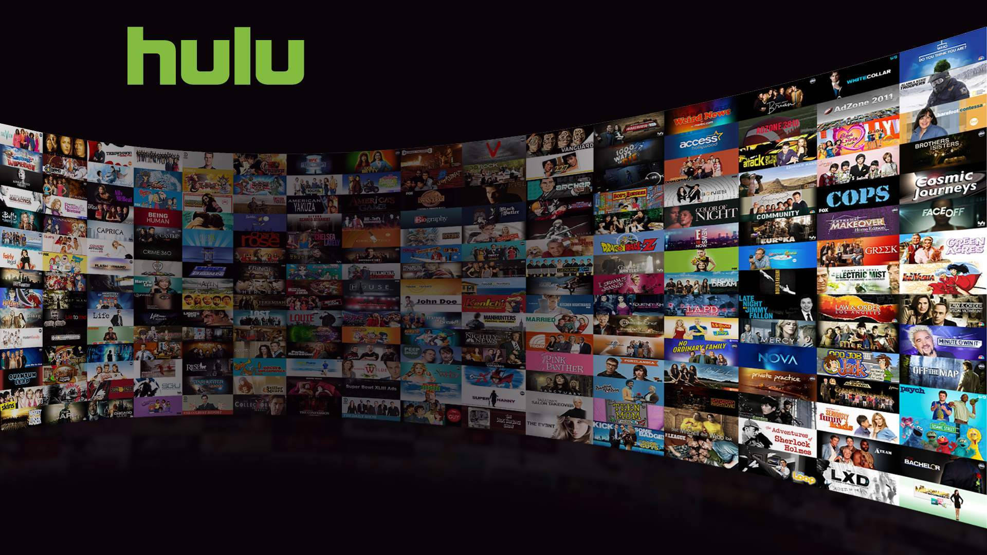 Hulu, glowing green Hulu logo, curved digital wall, Full HD Desktop Wallpaper