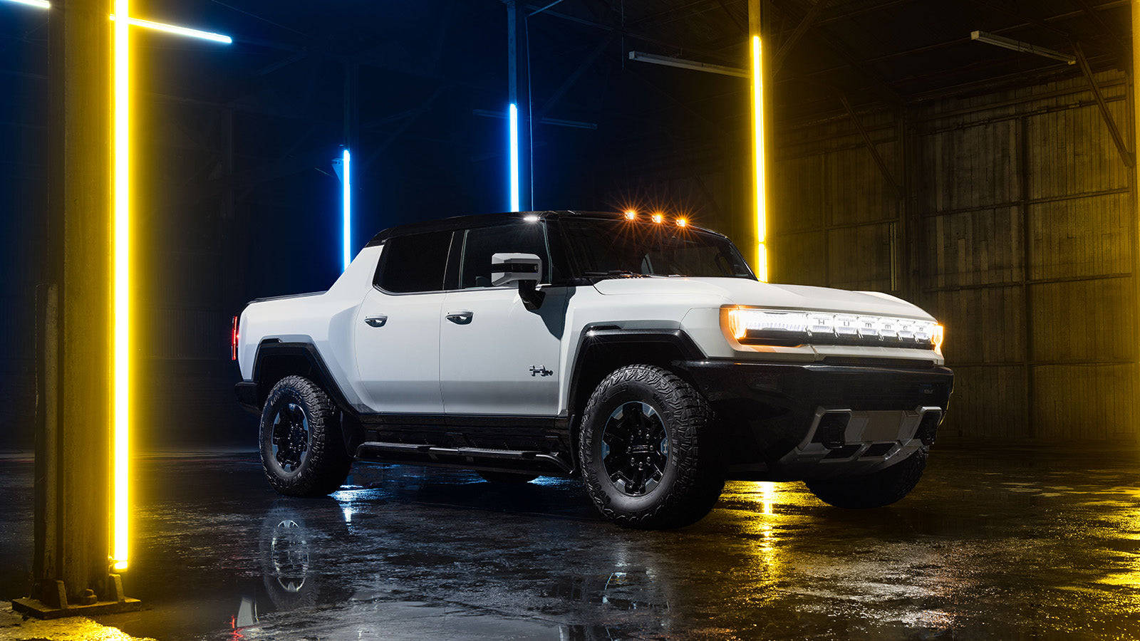 Hummer, white electric pickup truck, neon yellow and blue lights, HD Desktop Wallpaper