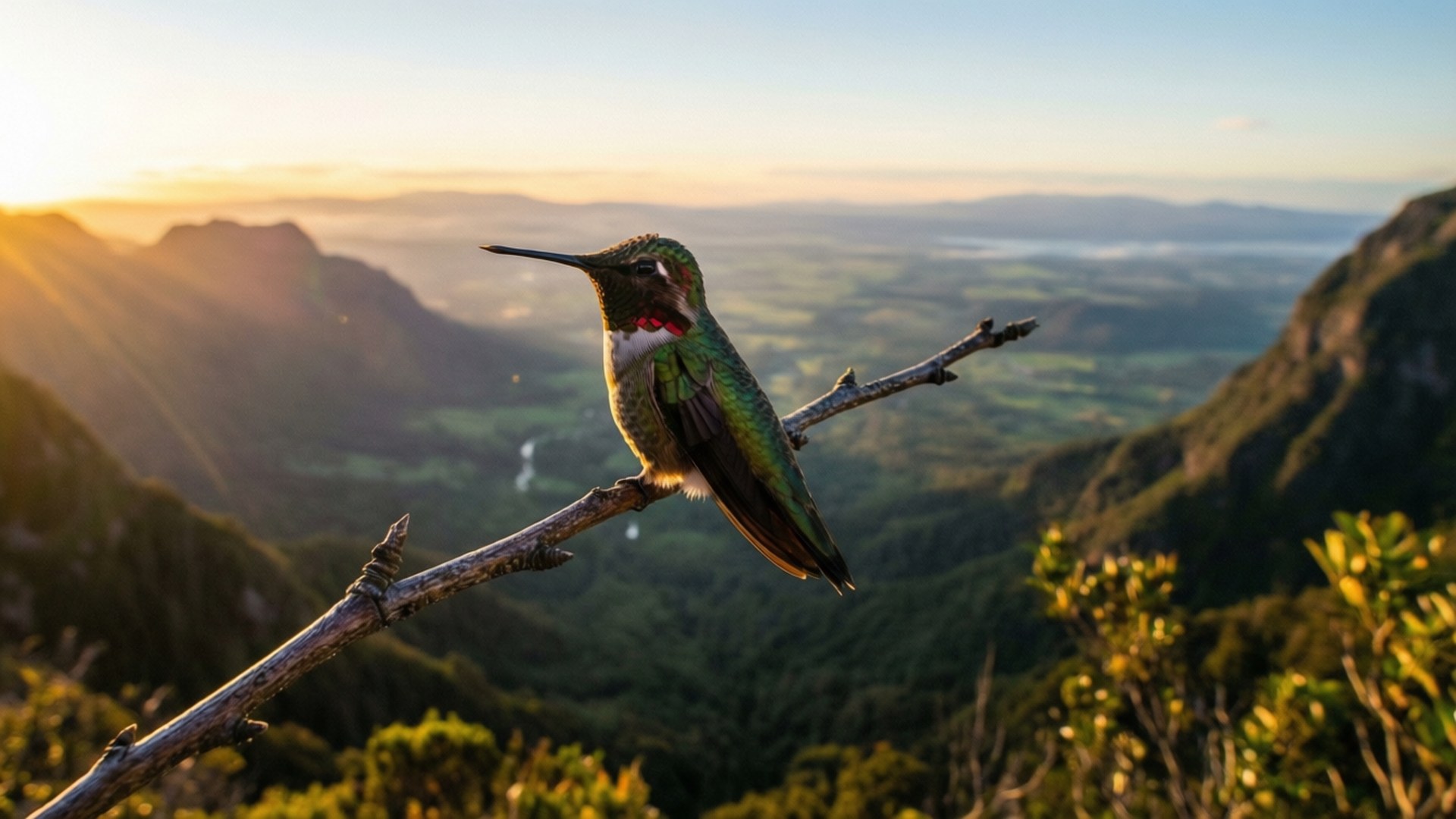 Valley Sunrise, hummingbird, branch, Full HD Desktop Wallpaper