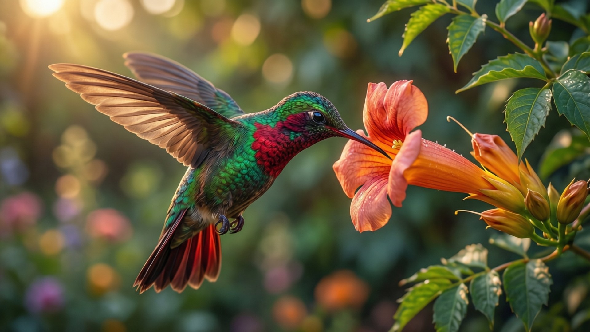 Golden Hour Hover, hummingbird, iridescent green and red feathers, Full HD Desktop Wallpaper