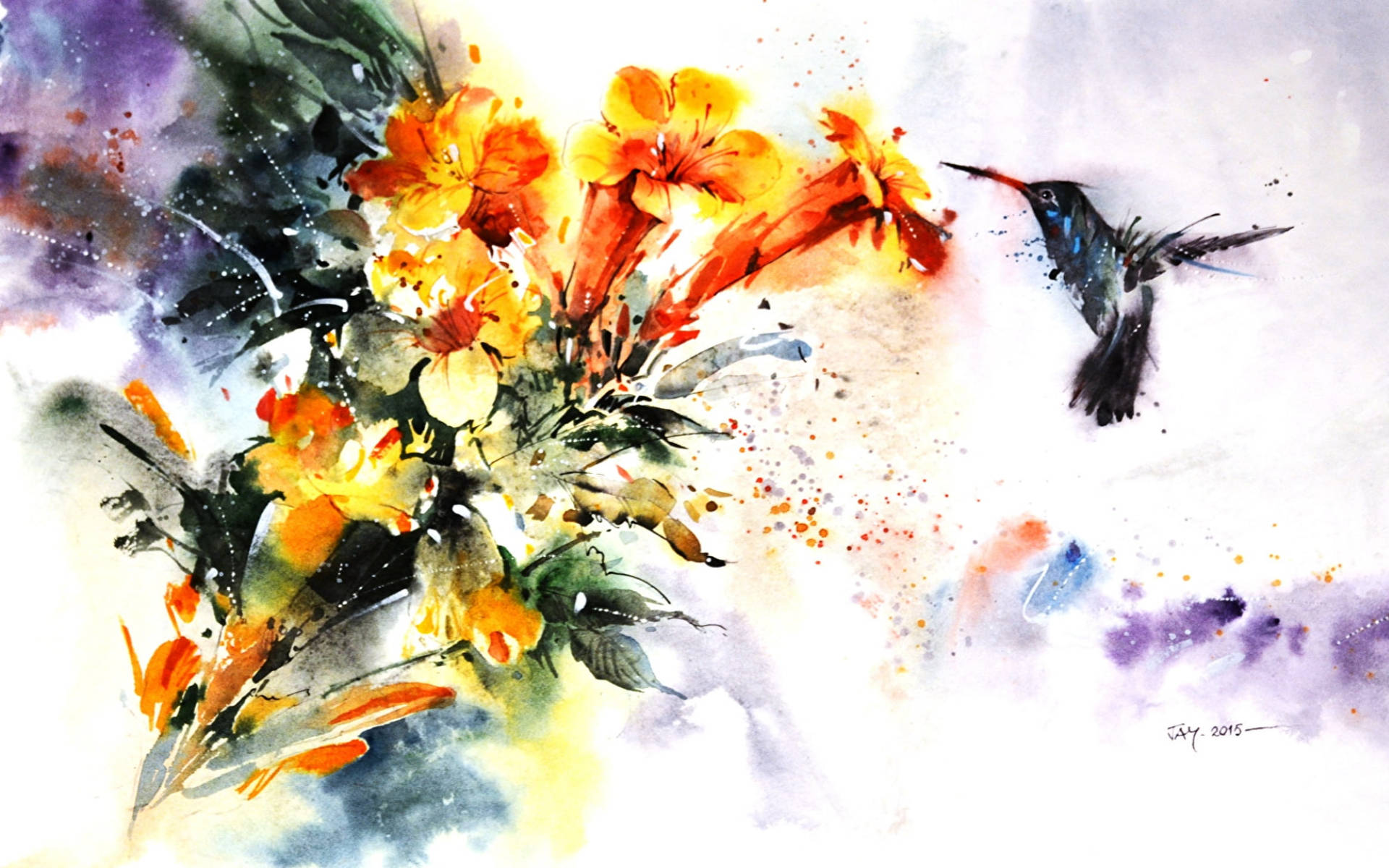 Hummingbird, orange flowers, watercolor painting, Full HD Desktop Wallpaper