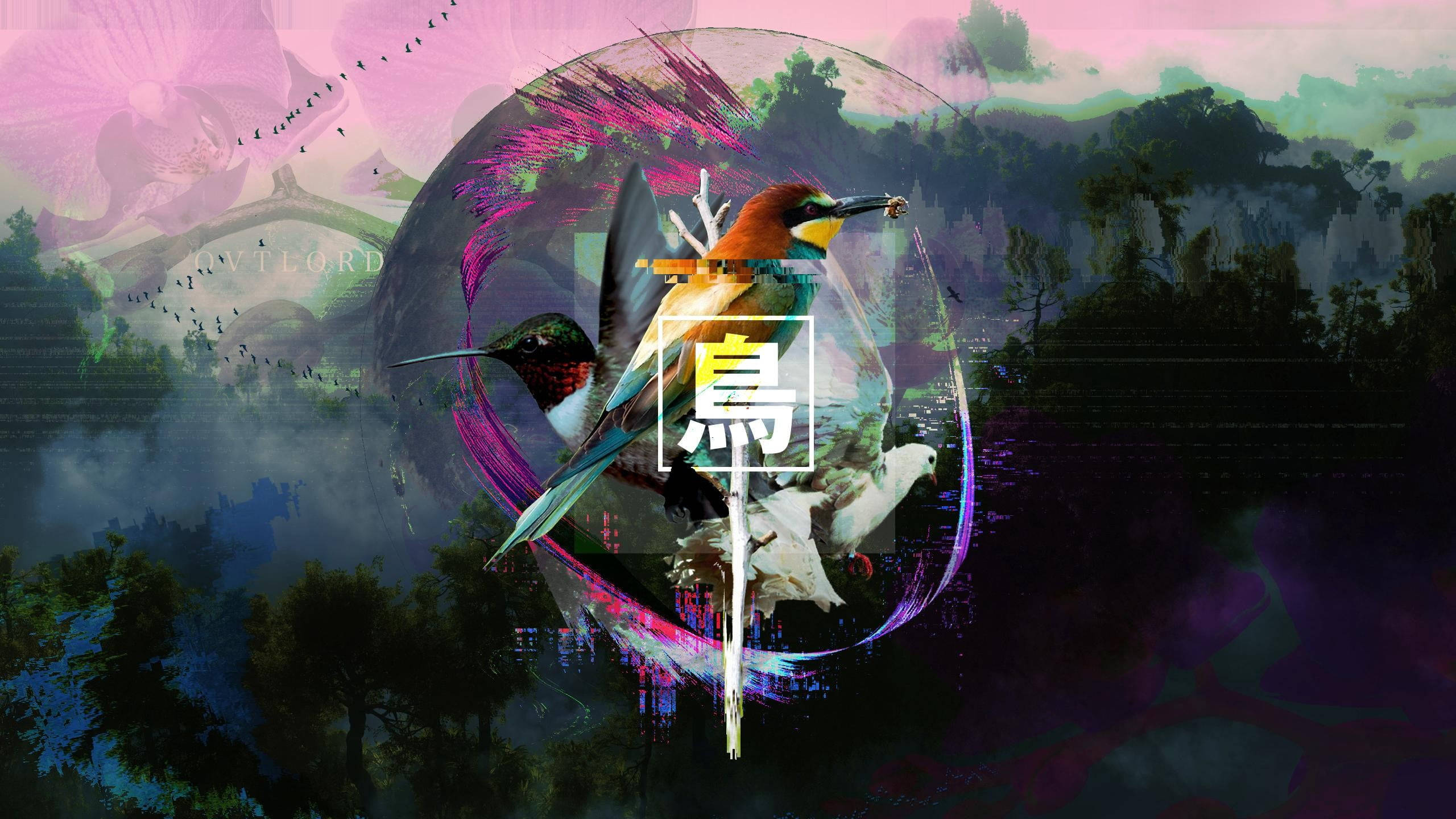 Hummingbird, glowing circular frame, surreal forest backdrop, 2K Desktop Wallpaper
