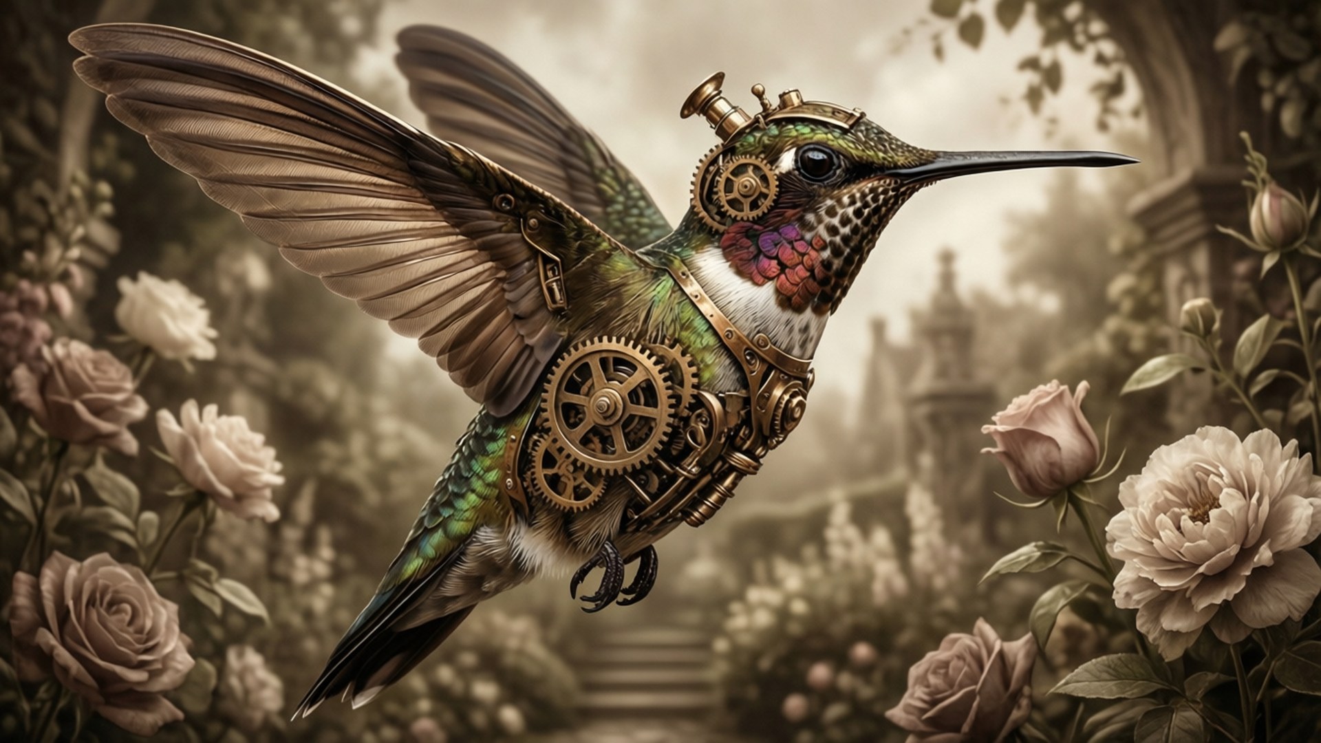 steampunk hummingbird, brass gears, pipes, Full HD Desktop Wallpaper