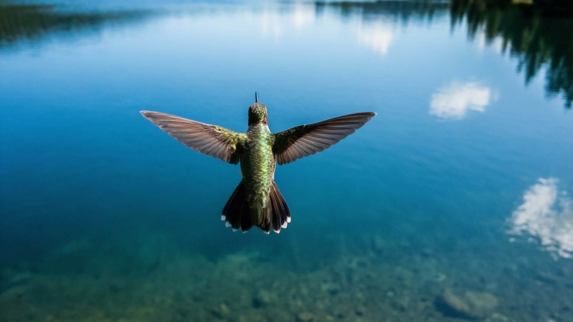 Hummingbird, Blue lake, Clouds, Full HD Desktop Wallpaper