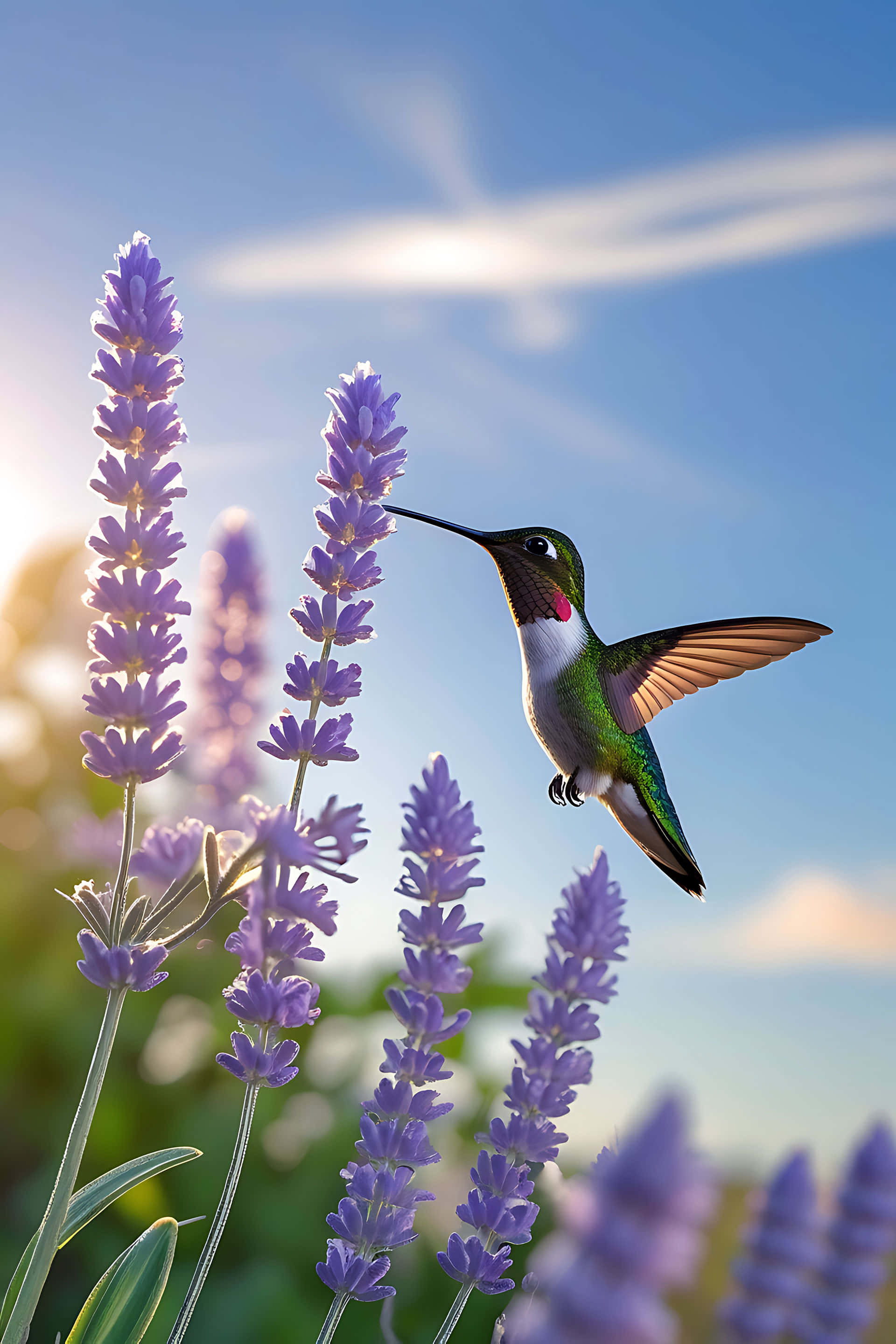 hummingbird, purple lavender spikes, bright blue sky, 2K Phone Wallpaper