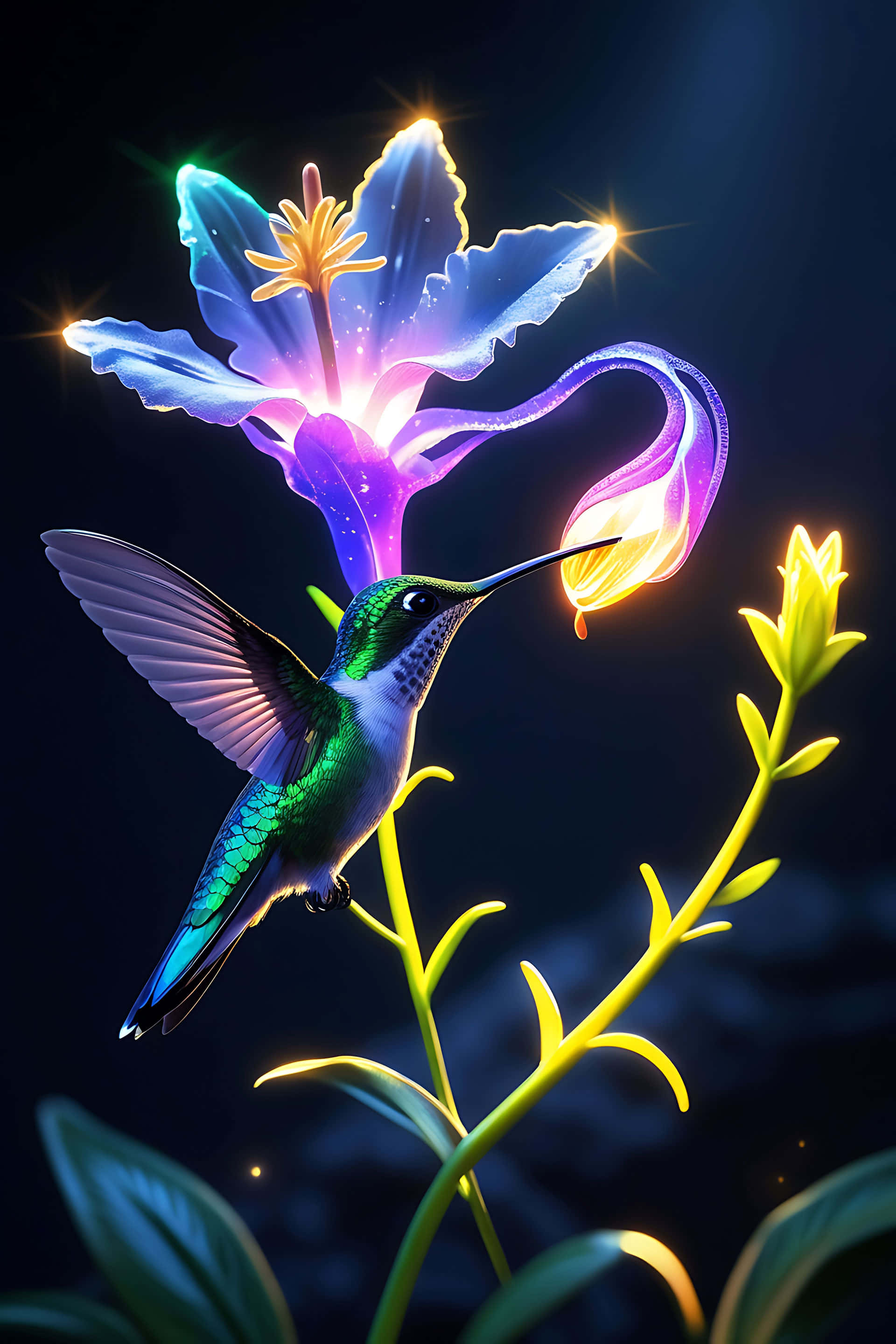 hummingbird, illuminated flower, glowing hummingbird, 2K Phone Wallpaper